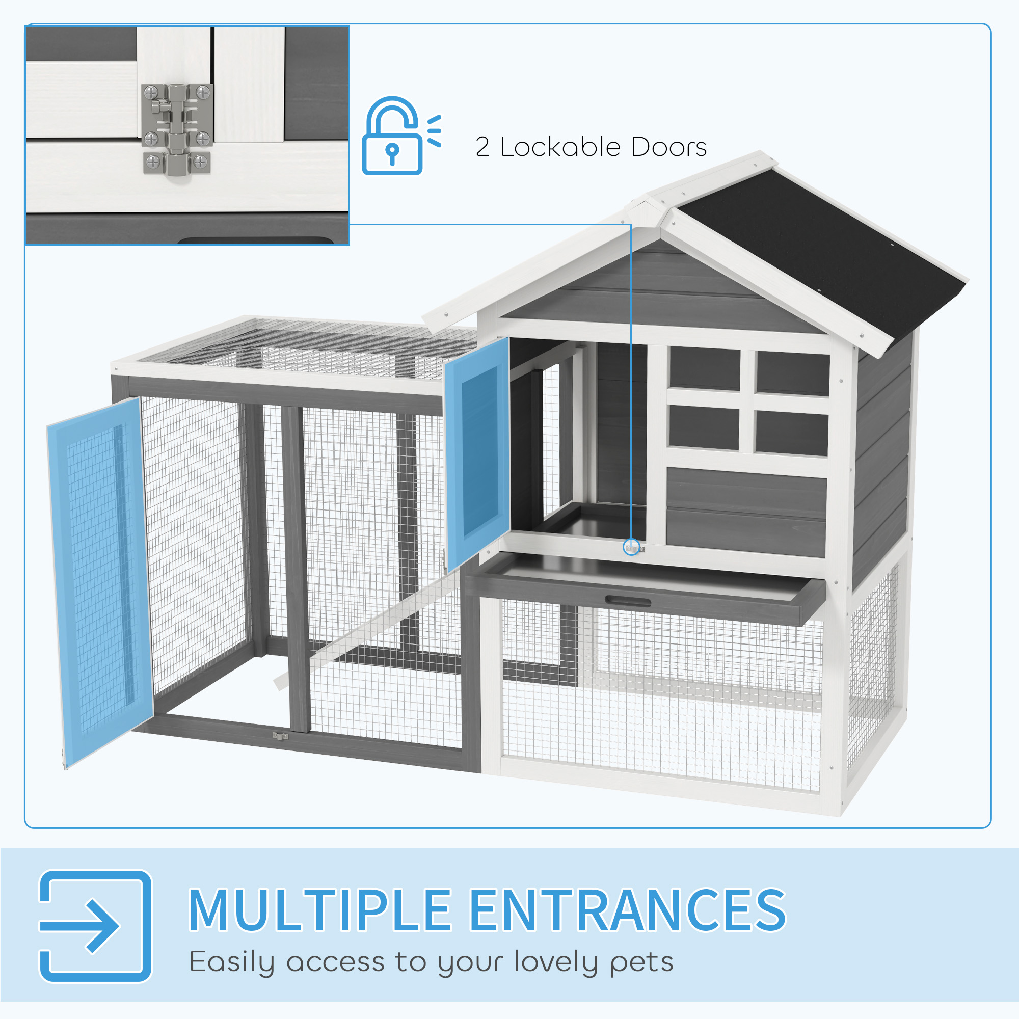 PawHut Rabbit Hutch Outdoor Wooden Guinea Pig Hutch Rabbit Run Bunny Cage Small Animal House Pull-Out Tray, Grey, 122 x 62.6 x 92 cm 5
