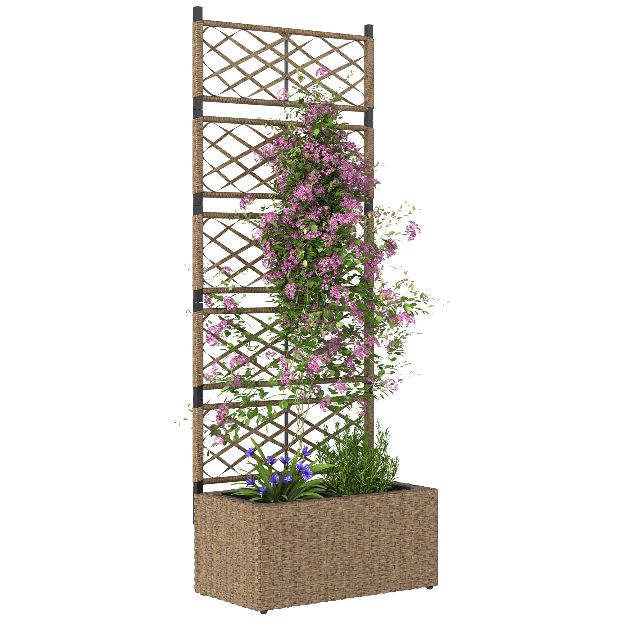 Outsunny Jardinera Exterior Grande de Ratán con Enrejado y 2 Macetas Extraíbles para Plantas Trepadoras 57x30x150 cm Natural