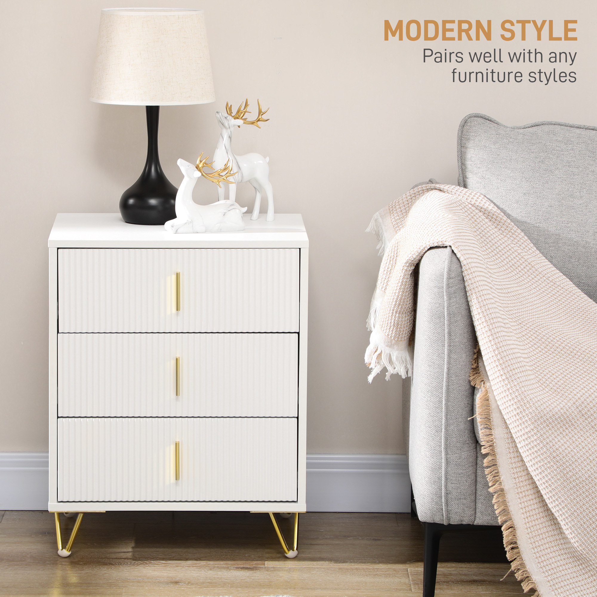 HOMCOM Set of 2 Elegant Chest of Three Drawers White/Gold-Tone 4