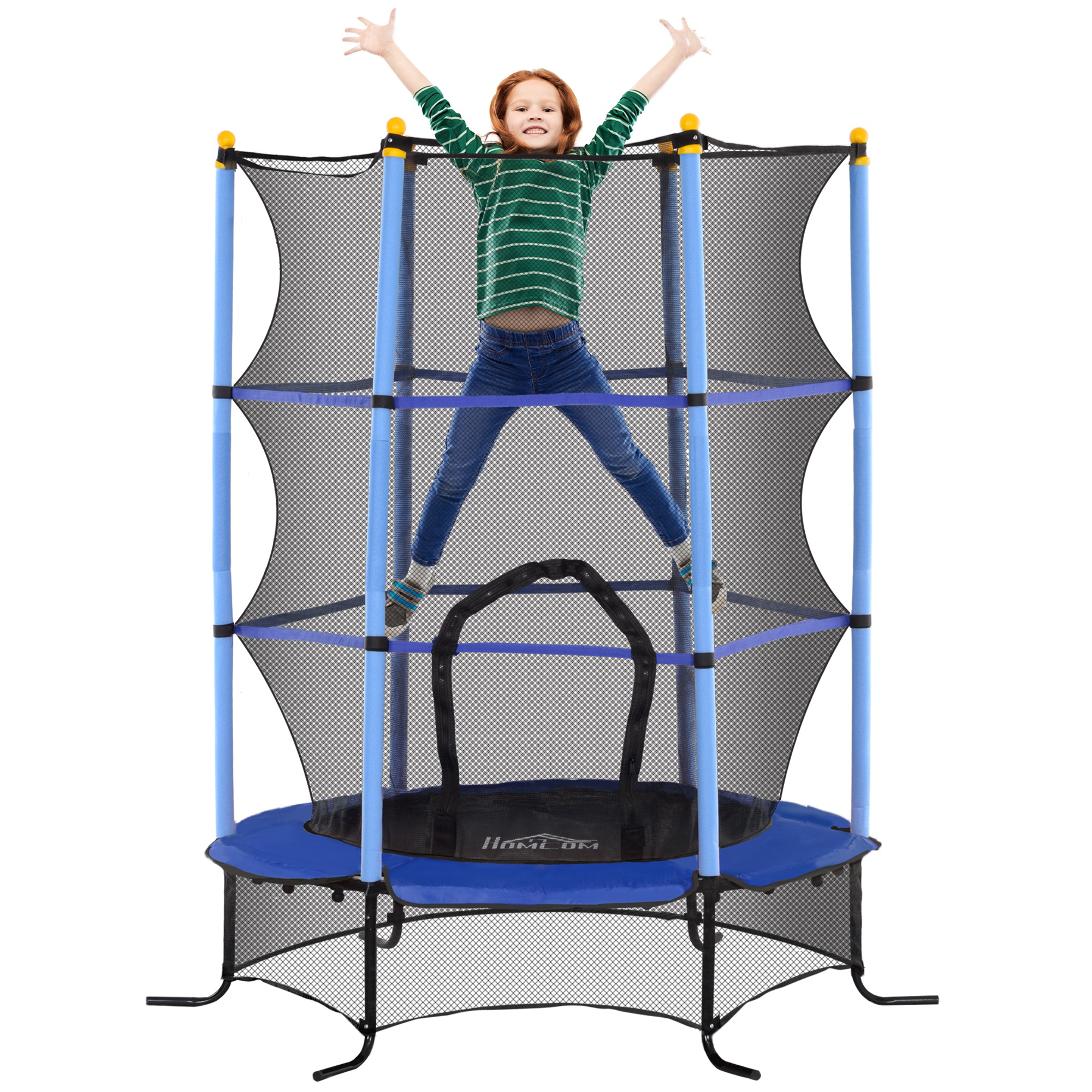 Image of HOMCOM Trampolino Elastico per Bambini Ø1.6x1.9 m con Rete di Sicurezza e Pali Imbottiti, Età 3-10 Anni, Blu006