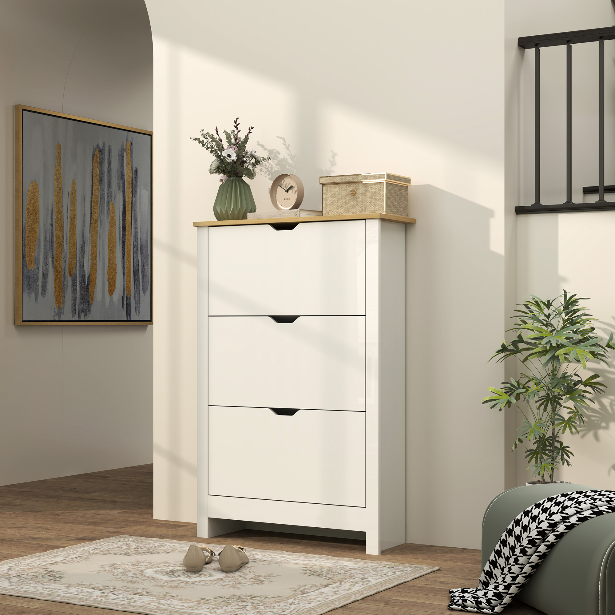 HOMCOM Slim Shoe Cabinet, Narrow Shoe Cupboard with 3 Flip Drawers, Adjustable Shelves for 18 Pairs of Shoes, High Gloss White 2