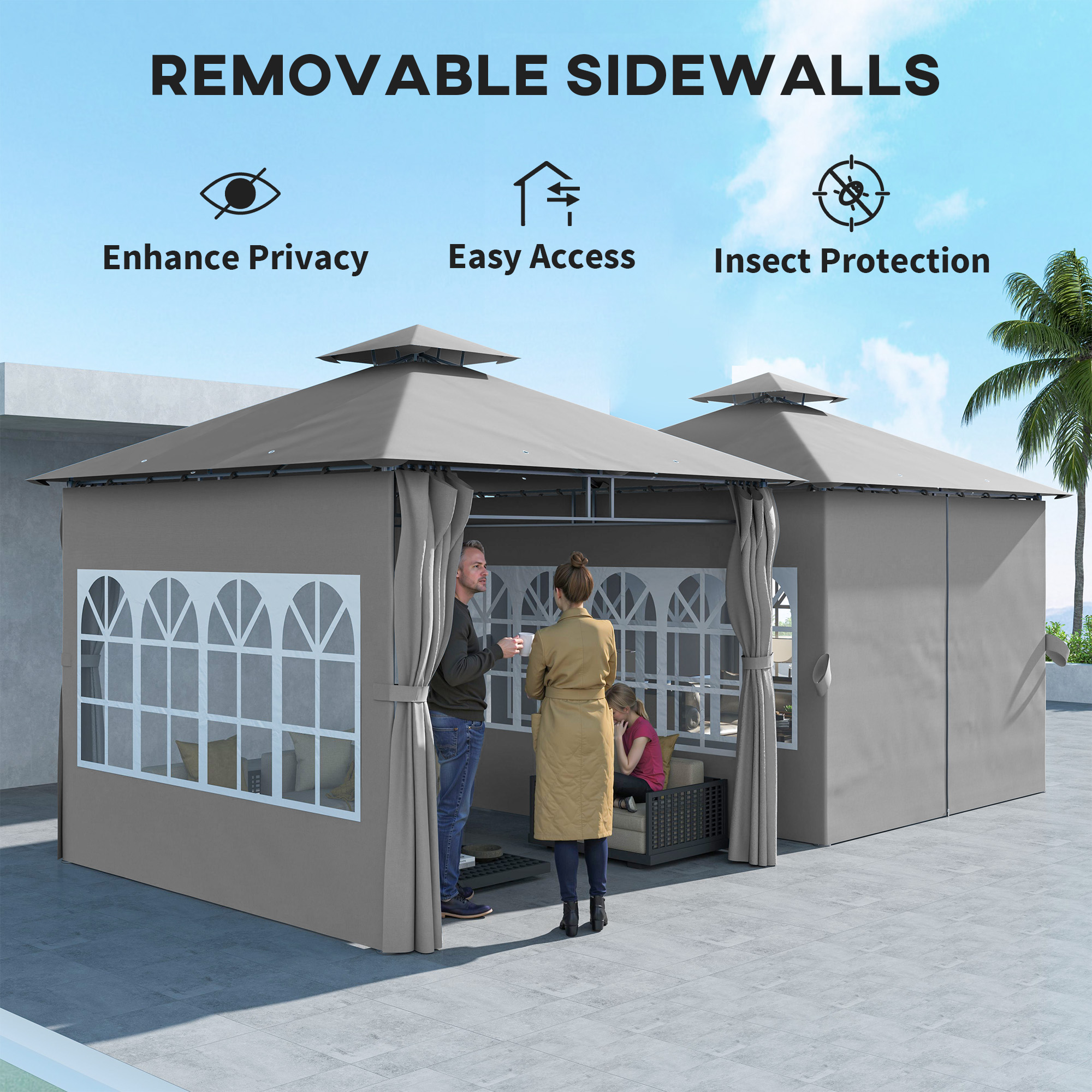 Outsunny 3 x 3 m Garden Gazebo, Double Roof Metal Gazebo with Removable Sidewalls and Church Windows, Outdoor Canopy Shelter, Light Grey 7