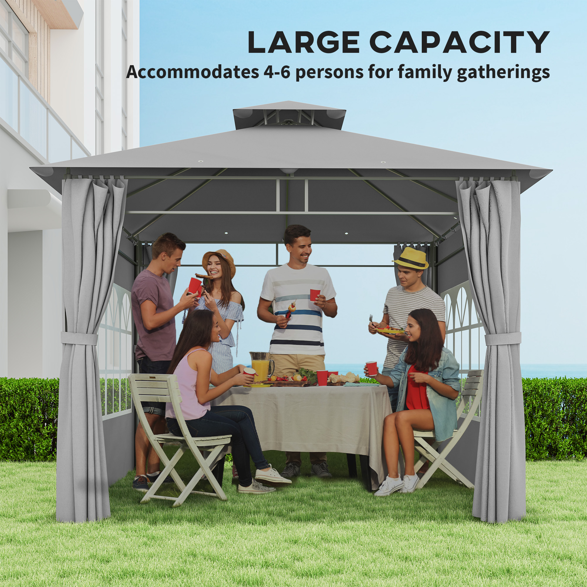 Outsunny 3 x 3 m Garden Gazebo, Double Roof Metal Gazebo with Removable Sidewalls and Church Windows, Outdoor Canopy Shelter, Light Grey 4