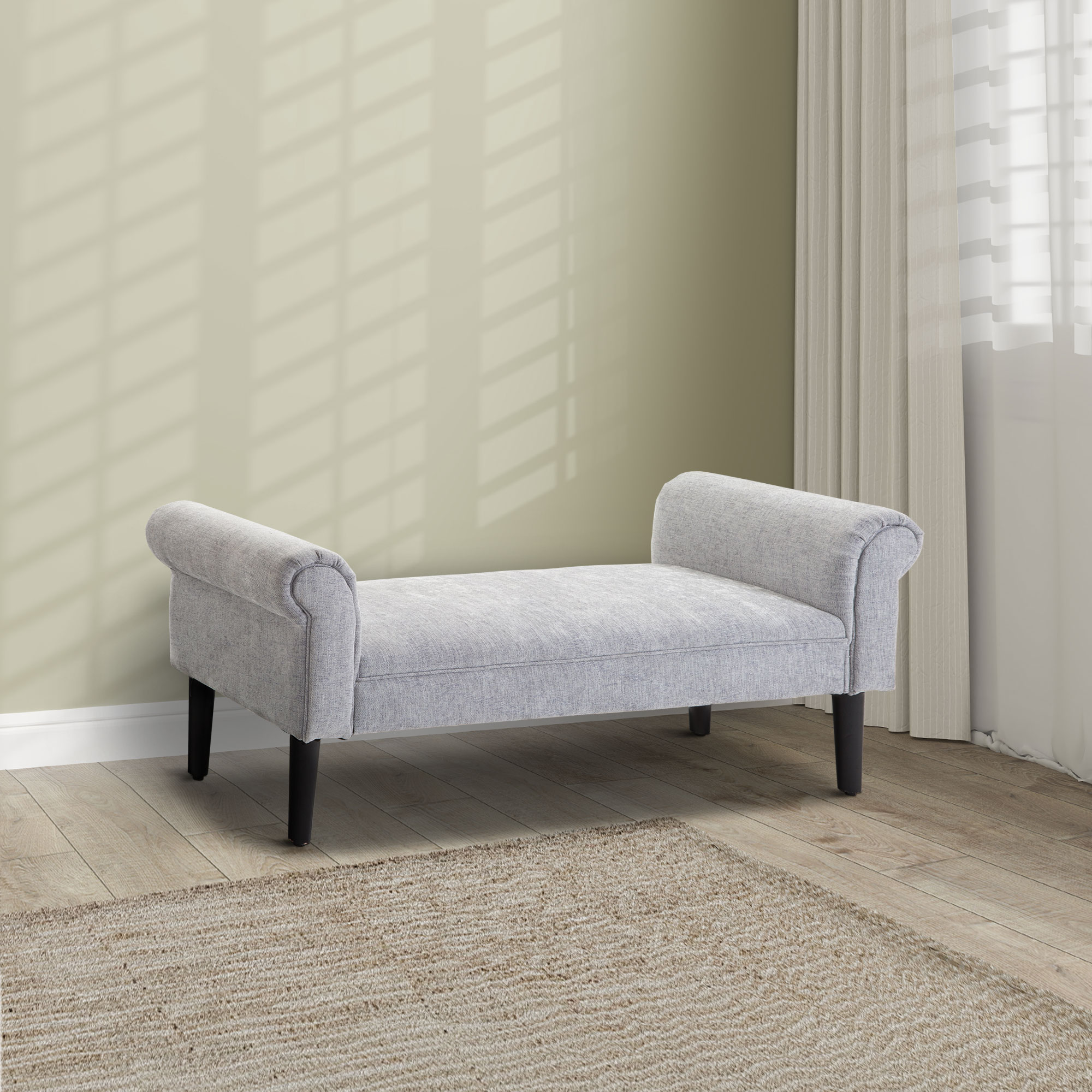 HOMCOM Bed End Bench, Window Seat, Linen Chaise Lounge Sofa with Arm and Wooden Legs for Bedroom, Living Room, Grey 7
