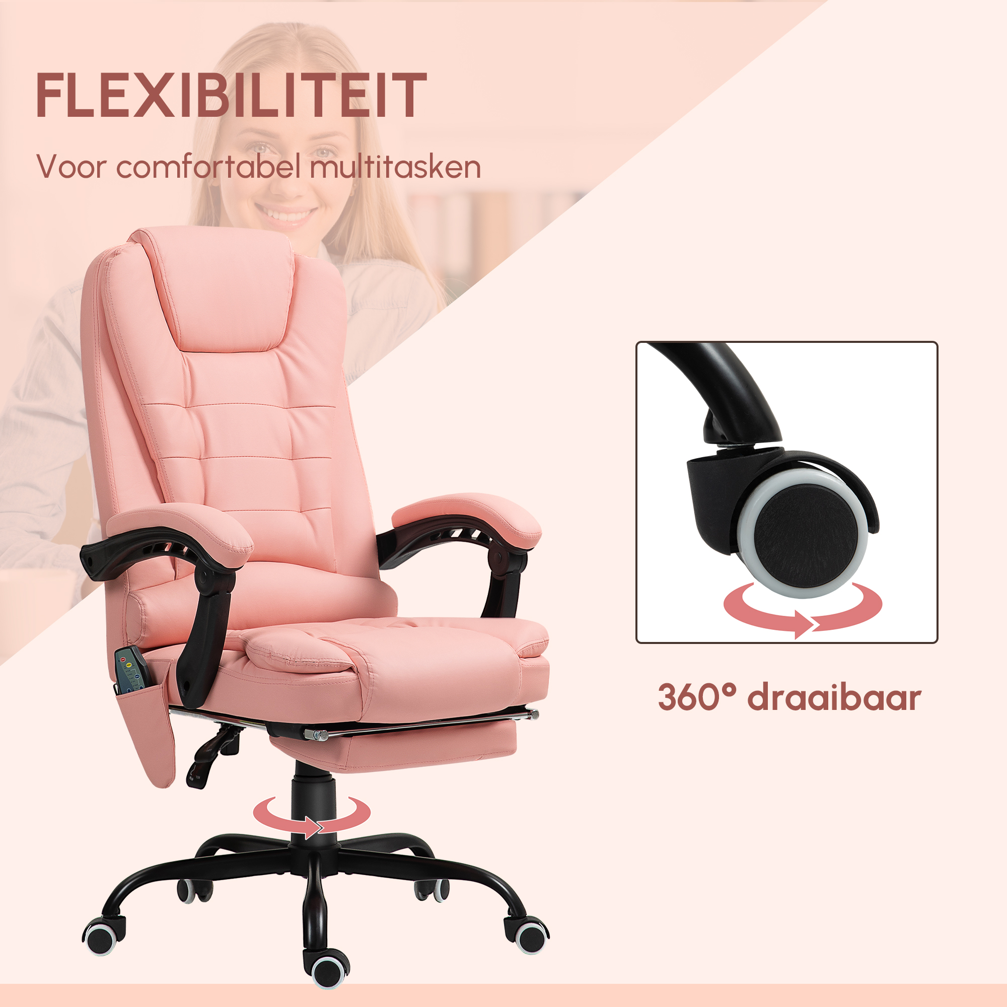 Vinsetto office chair office chair home office with tilt function backrest height adjustable thick padding ergonomic 360° casters polyester nylon PP pink white 62x69x92-102cm