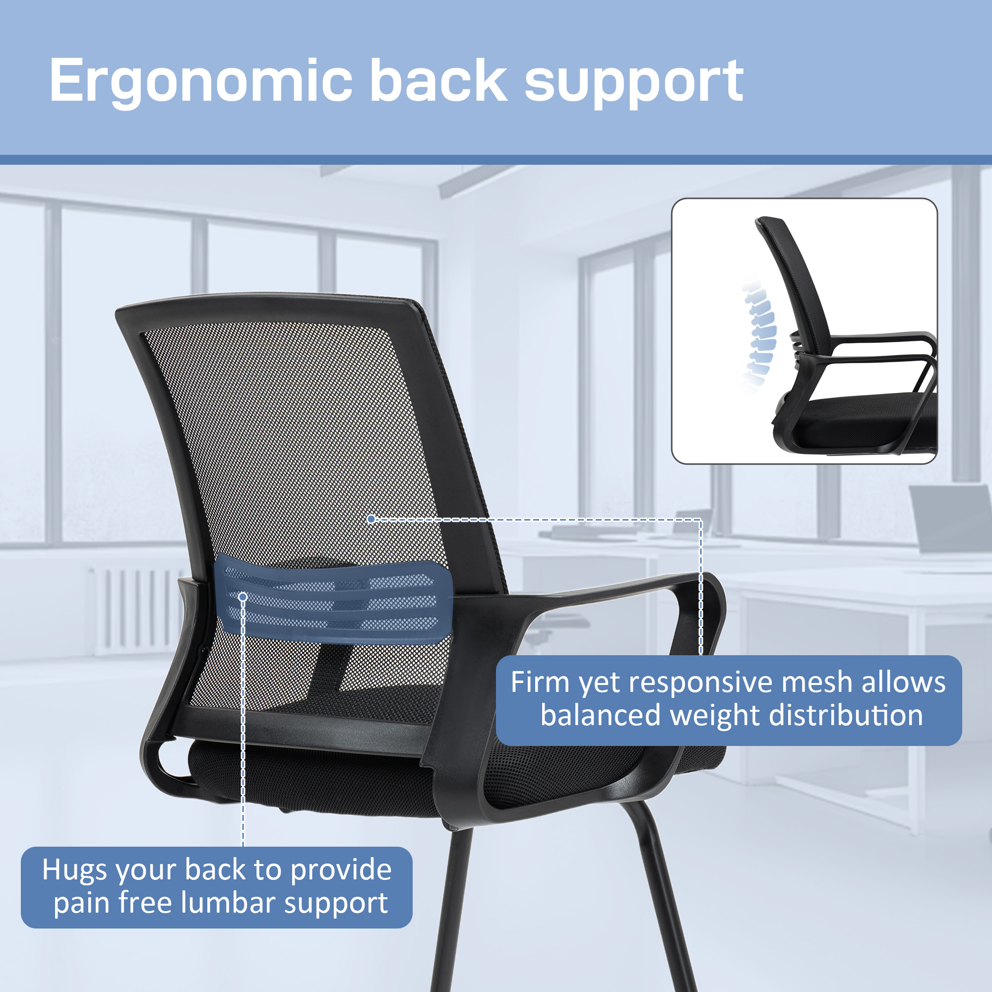 HOMCOM Ergonomic Desk Chair No Wheels, Padded Meeting Office Chair with Sled Base for Home Conference Room, Bedroom, Waiting, Reception, Black 4