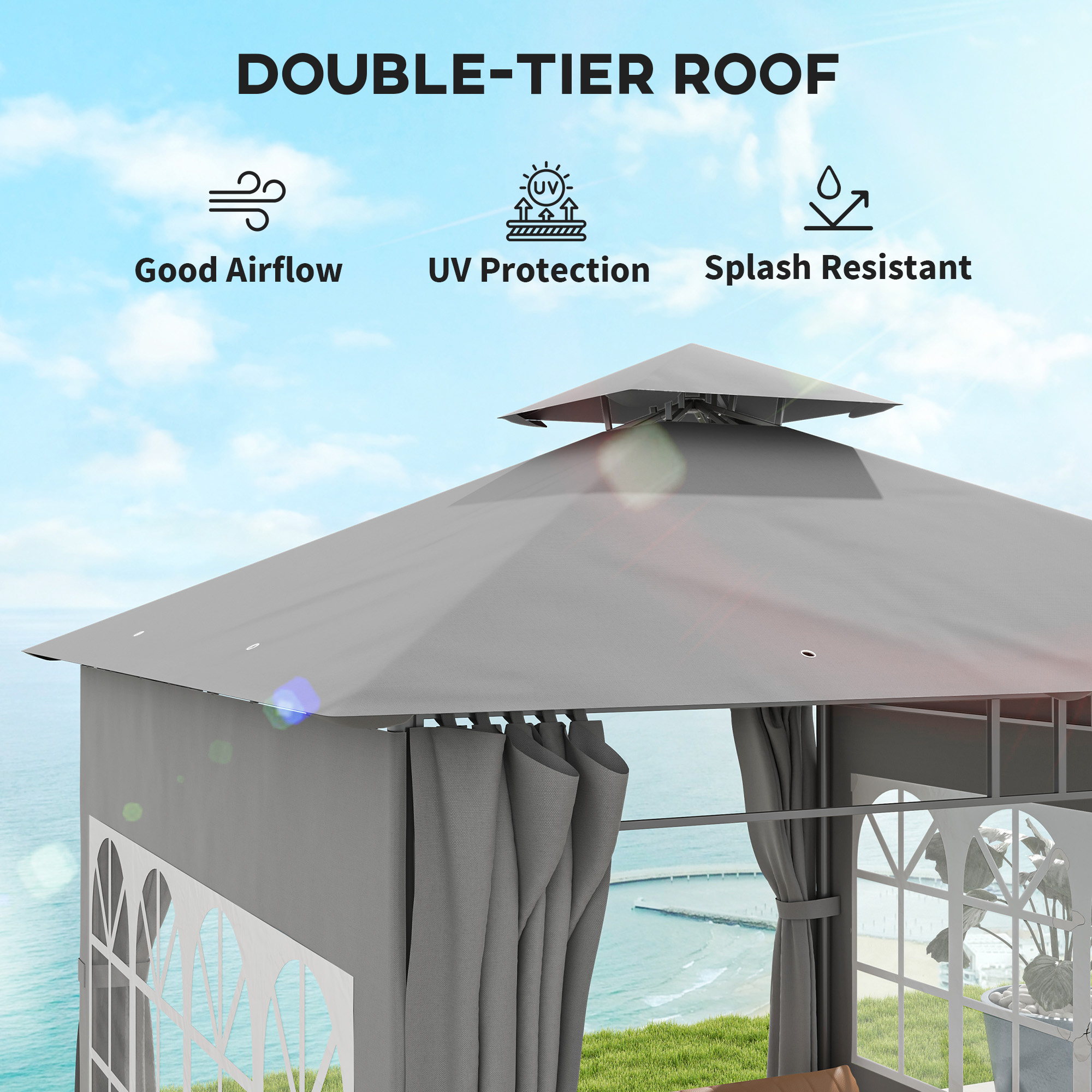 Outsunny 3 x 3 m Garden Gazebo, Double Roof Metal Gazebo with Removable Sidewalls and Church Windows, Outdoor Canopy Shelter, Light Grey 5