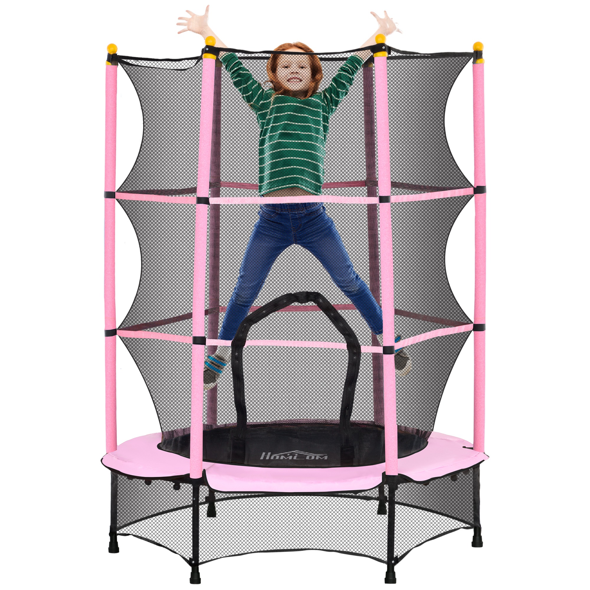 Image of HOMCOM Tappeto Elastico per Bambini con Rete di Sicurezza e Pali Imbottiti Età 3-10 Anni, Ø140 x 190 cm, Rosa006