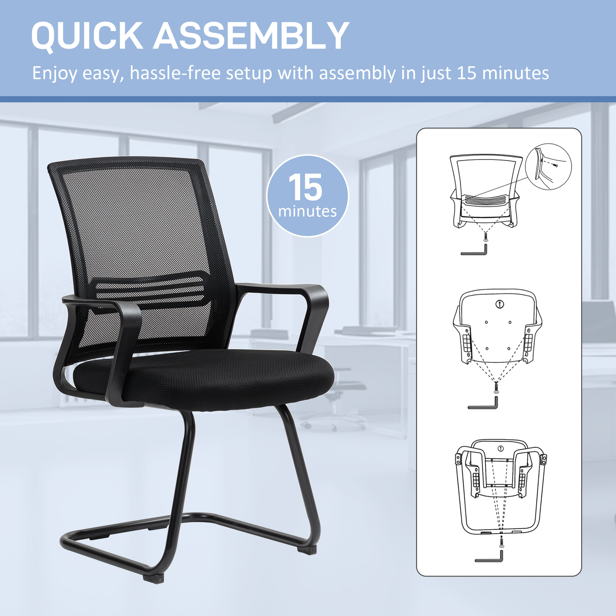 HOMCOM Ergonomic Desk Chair No Wheels, Padded Meeting Office Chair with Sled Base for Home Conference Room, Bedroom, Waiting, Reception, Black 7