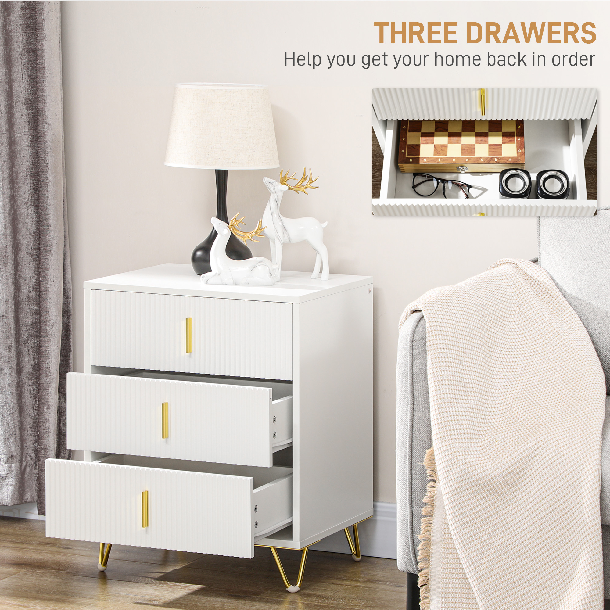 HOMCOM Set of 2 Elegant Chest of Three Drawers White/Gold-Tone 5