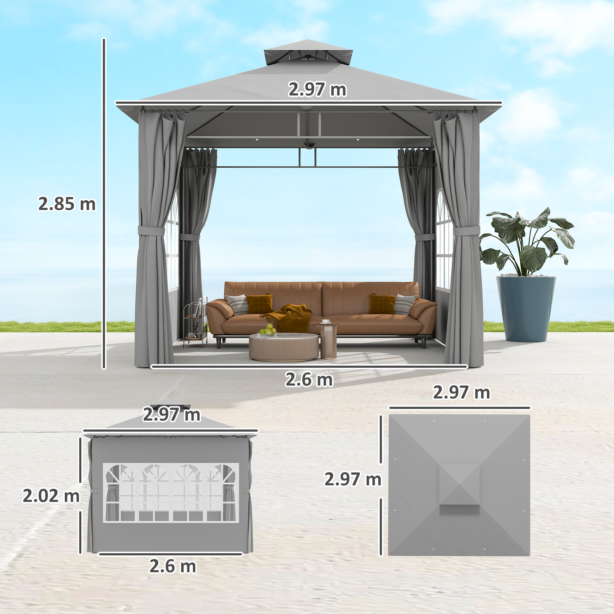 Outsunny 3 x 3 m Garden Gazebo, Double Roof Metal Gazebo with Removable Sidewalls and Church Windows, Outdoor Canopy Shelter, Light Grey 3