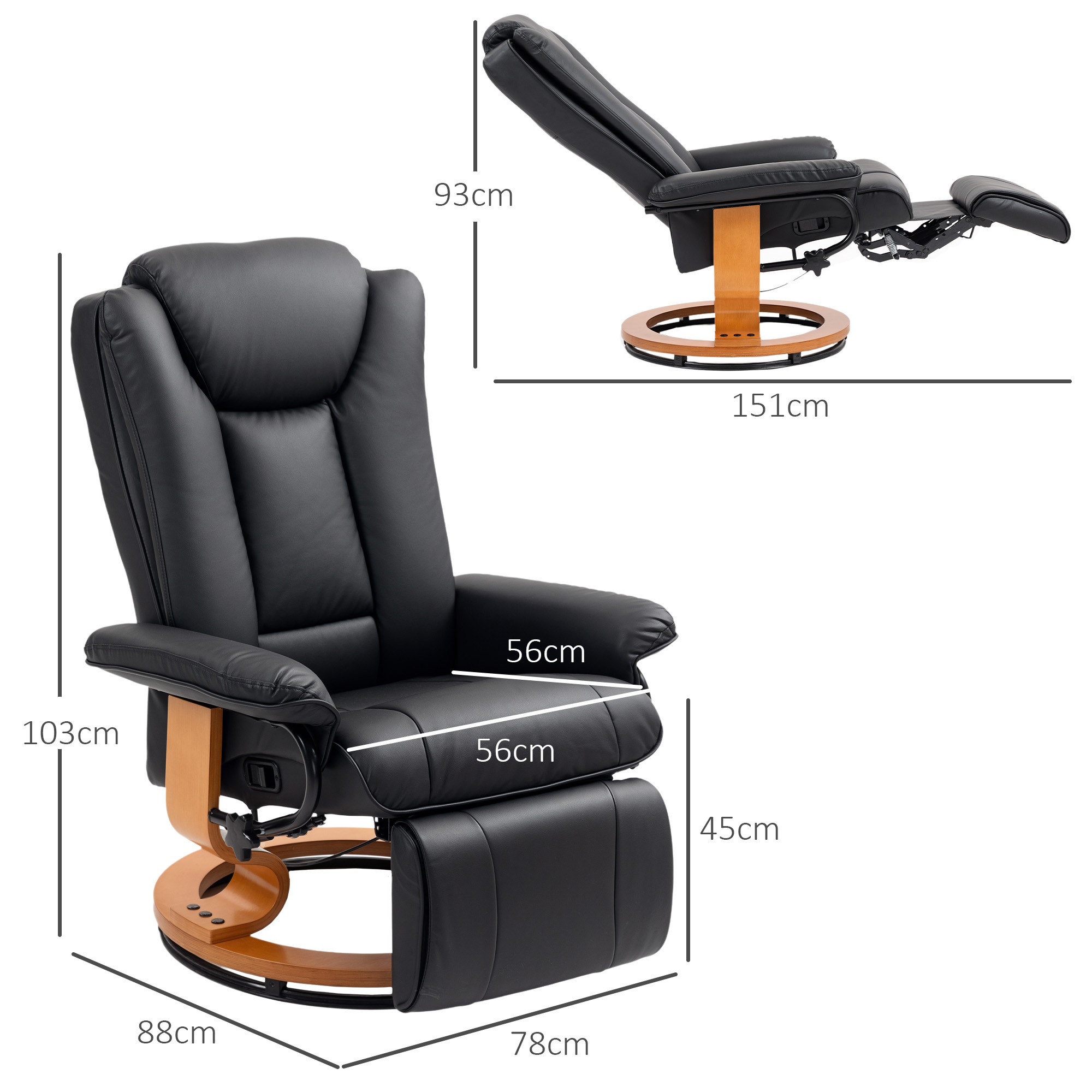 HOMCOM Faux Leather Recliner Chair Black 3