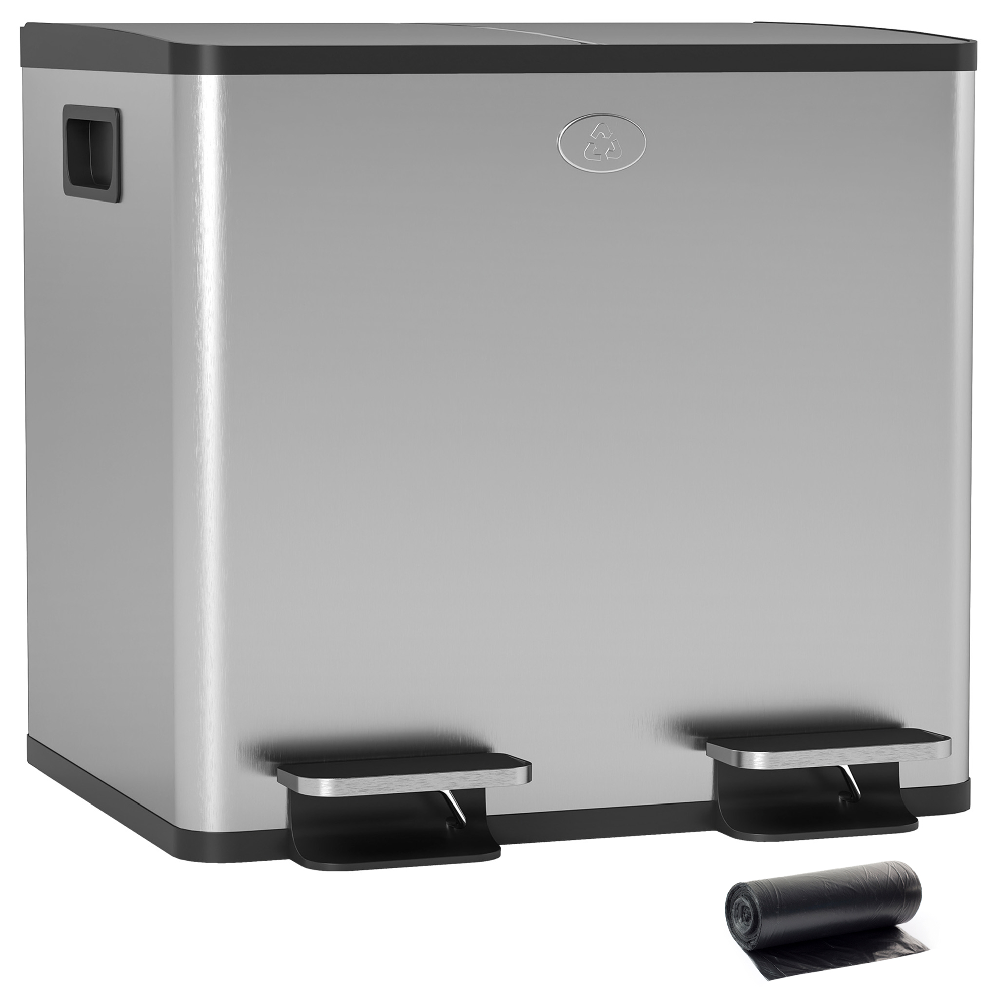 HOMCOM Papelera de Cocina de Acero Inoxidable con 2 Compartimentos 2x15L Pedales Tapas de Cierre Suave y Cubo Extraíble Plata