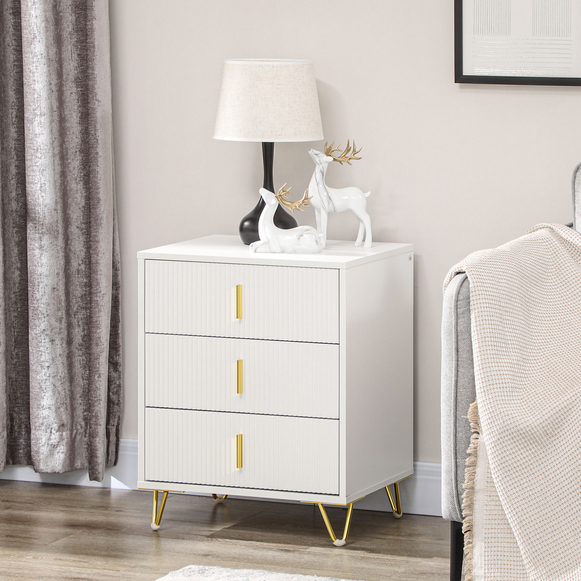 HOMCOM Set of 2 Elegant Chest of Three Drawers White/Gold-Tone 8