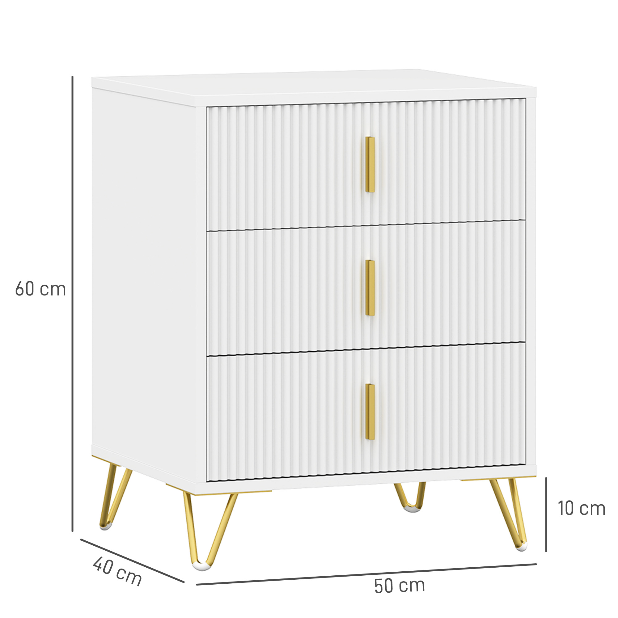 HOMCOM Set of 2 Elegant Chest of Three Drawers White/Gold-Tone 3