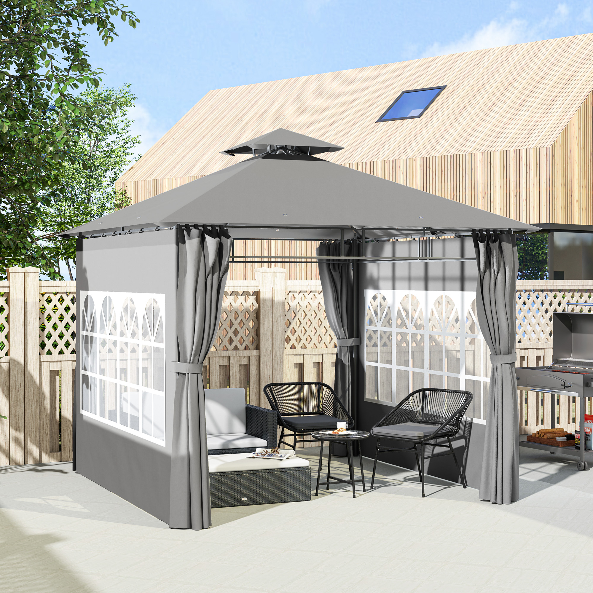 Outsunny 3 x 3 m Garden Gazebo, Double Roof Metal Gazebo with Removable Sidewalls and Church Windows, Outdoor Canopy Shelter, Light Grey 2