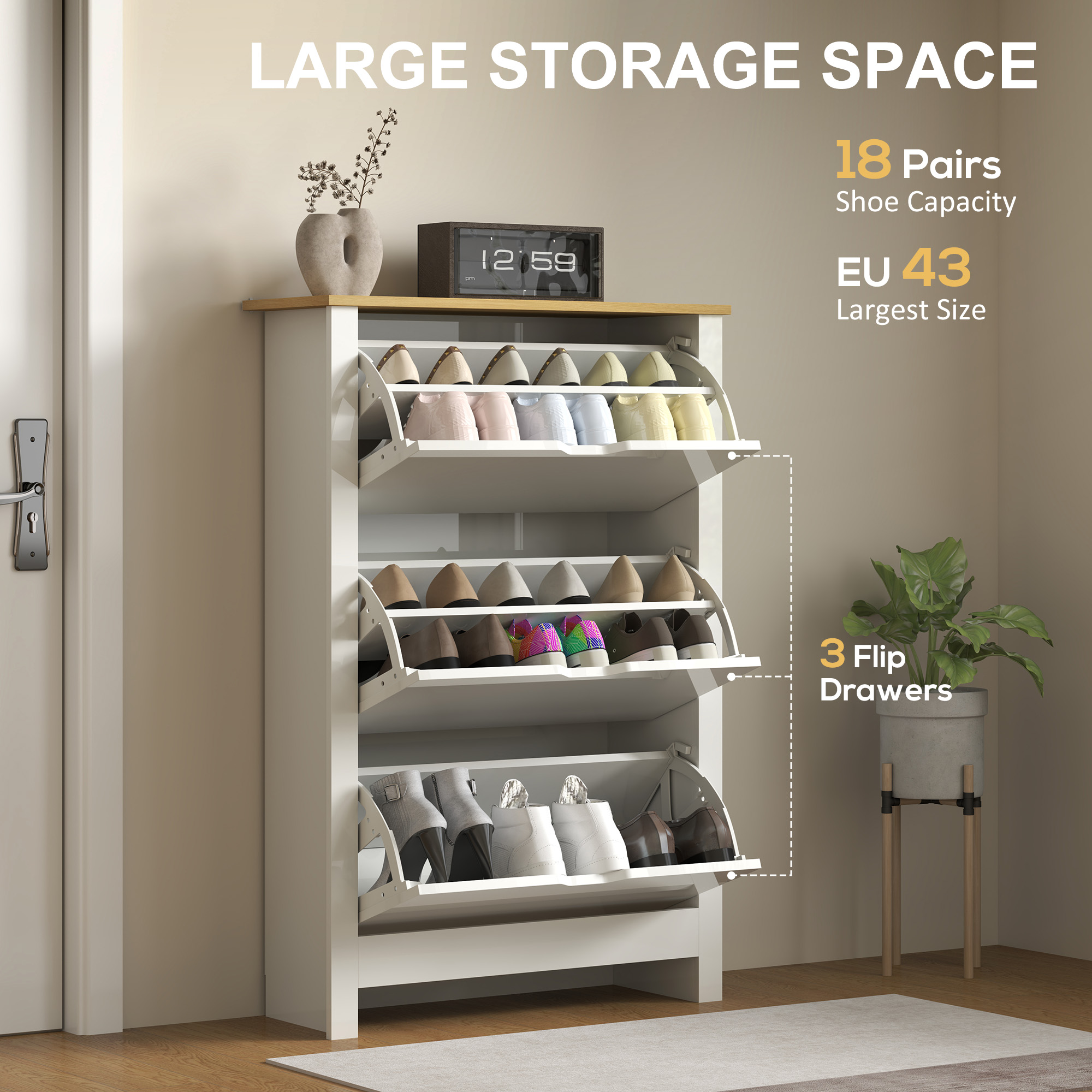 HOMCOM Slim Shoe Cabinet, Narrow Shoe Cupboard with 3 Flip Drawers, Adjustable Shelves for 18 Pairs of Shoes, High Gloss White 4