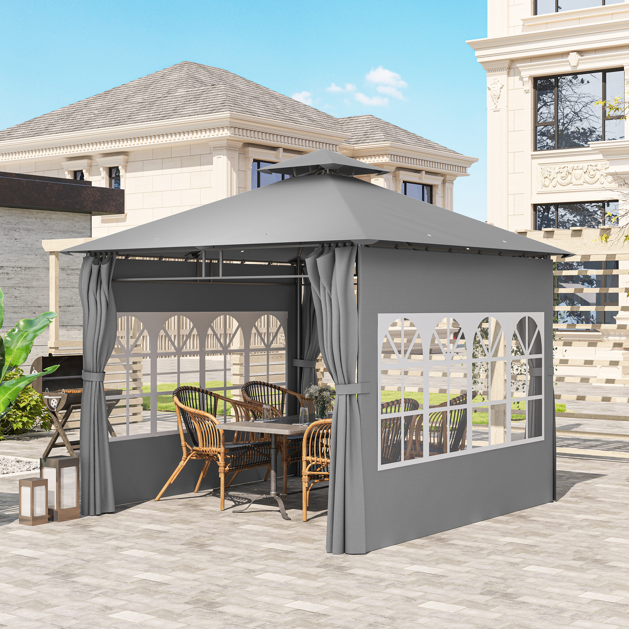Outsunny 3 x 3 m Garden Gazebo, Double Roof Metal Gazebo with Removable Sidewalls and Church Windows, Outdoor Canopy Shelter, Light Grey 9