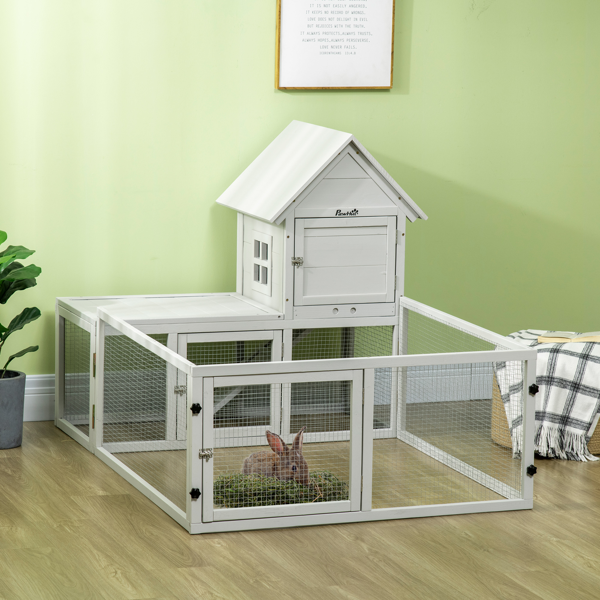 PawHut Wooden Rabbit Hutch, Guinea Pig Cage, with Removable Tray, Openable Roof