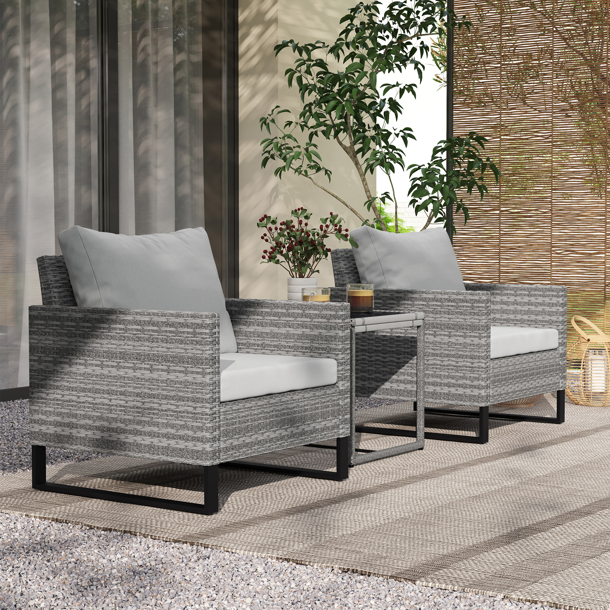 Outsunny 3 Pieces Rattan Bistro Set with 4 Cushions, Wicker Garden Furniture Set, Glass Top Coffee Table and Chairs for Outdoor Patio, Balcony, Terrace and Conservatory, Grey 2