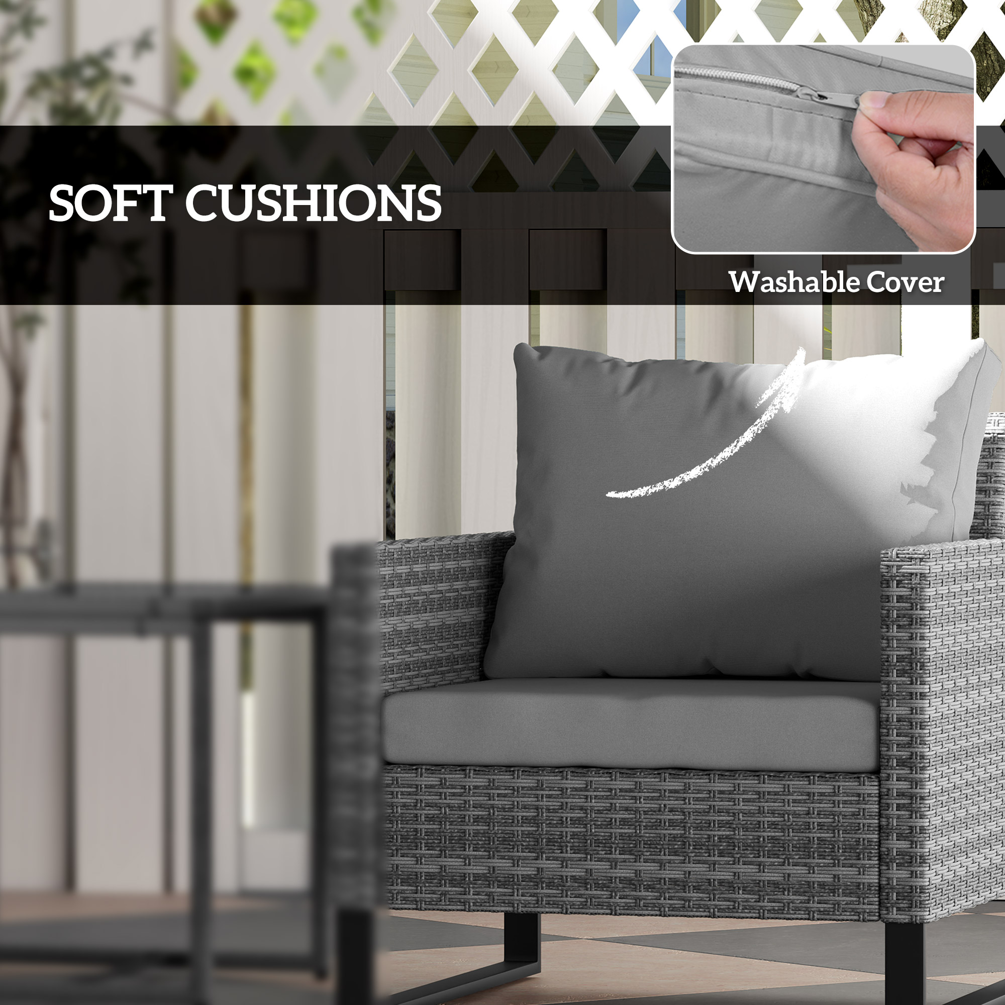 Outsunny 3 Pieces Rattan Bistro Set with 4 Cushions, Wicker Garden Furniture Set, Glass Top Coffee Table and Chairs for Outdoor Patio, Balcony, Terrace and Conservatory, Grey 5