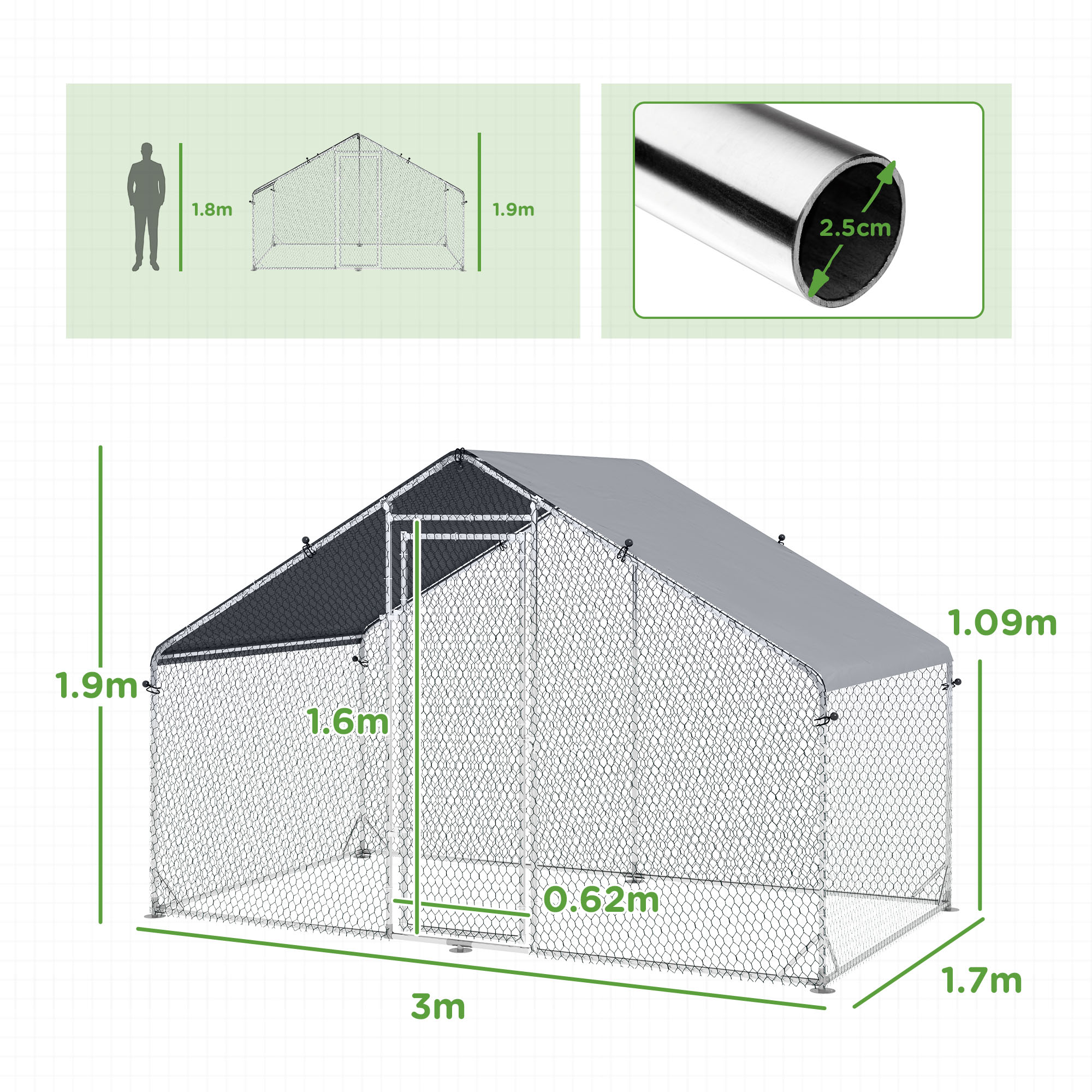 PawHut Large Chicken Coop, Galvanised Walk In Chicken Coop Hen House w/ Water-Resist Cover, 3 x 1.7 x 1.9m 3
