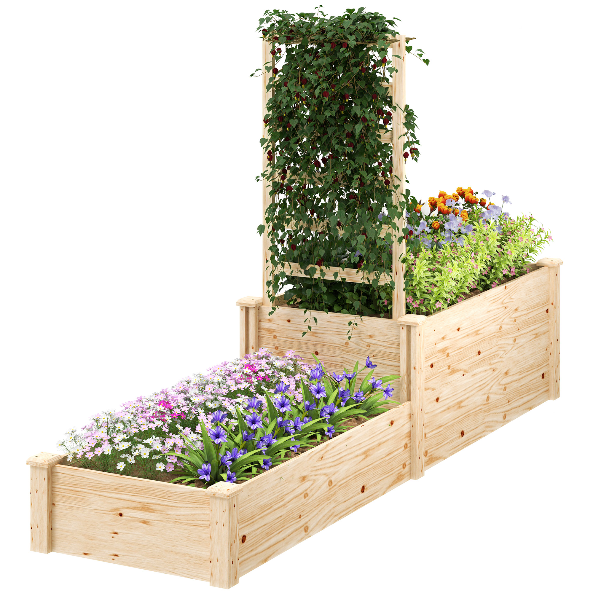 Outsunny Jardinera Elevada con Celosía de Madera para Plantas Trepadoras y 2 Cajas de Cultivo  222x63x132 cm Natural
