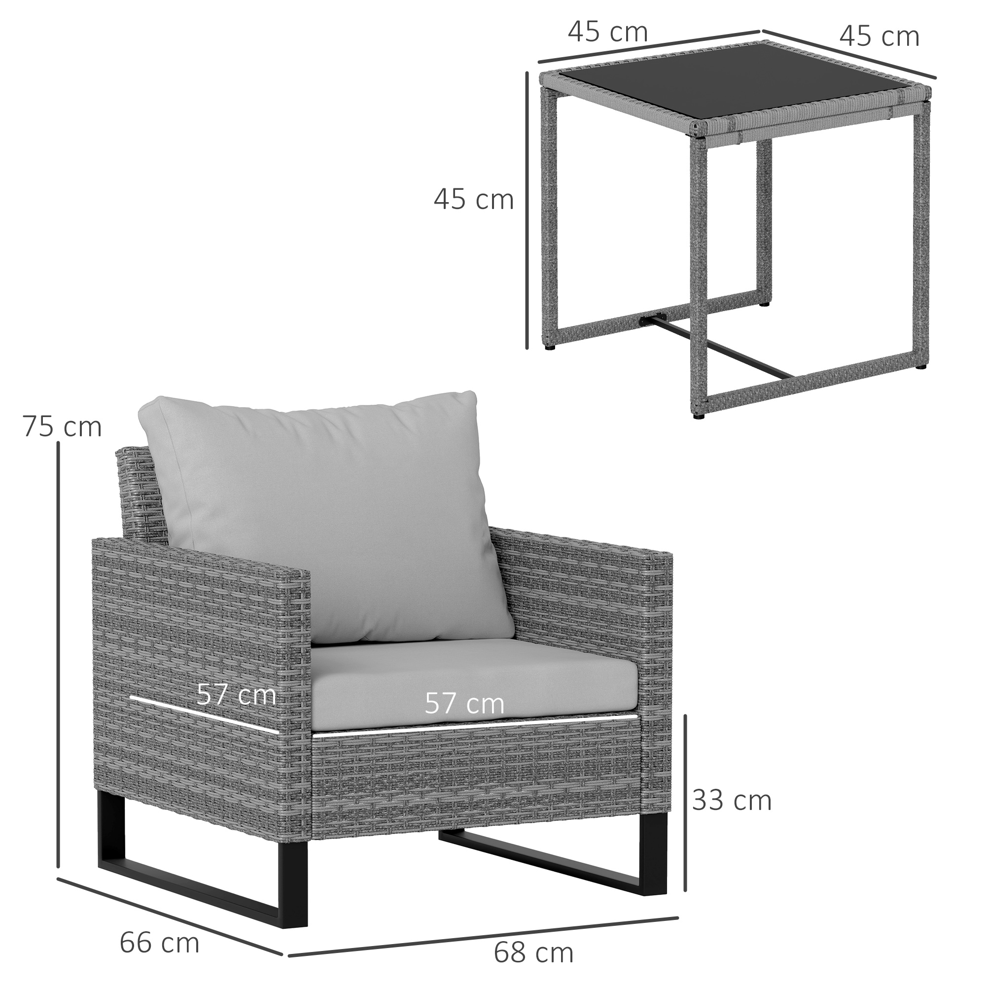 Outsunny 3 Pieces Rattan Bistro Set with 4 Cushions, Wicker Garden Furniture Set, Glass Top Coffee Table and Chairs for Outdoor Patio, Balcony, Terrace and Conservatory, Grey 3