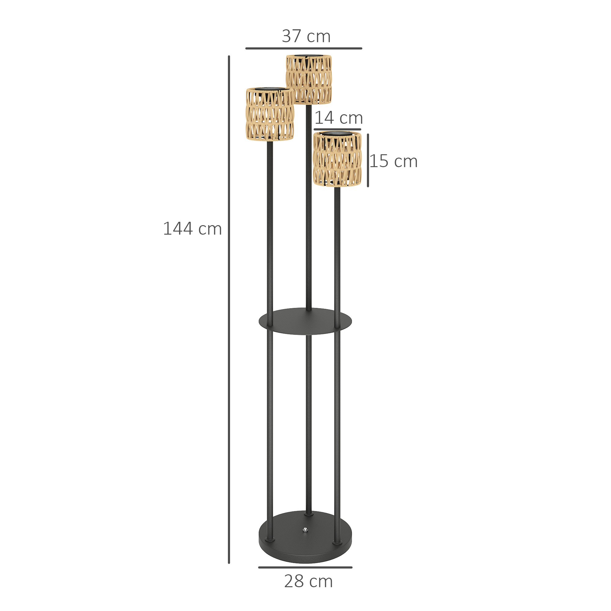 Päikeseenergial töötav põrandalamp, rotangist stiilis, päikeselambid valgussensoriga, 3 tuld, boheemlaslikus stiilis päikesevalgusti, IP44, Ø37 x 144K cm