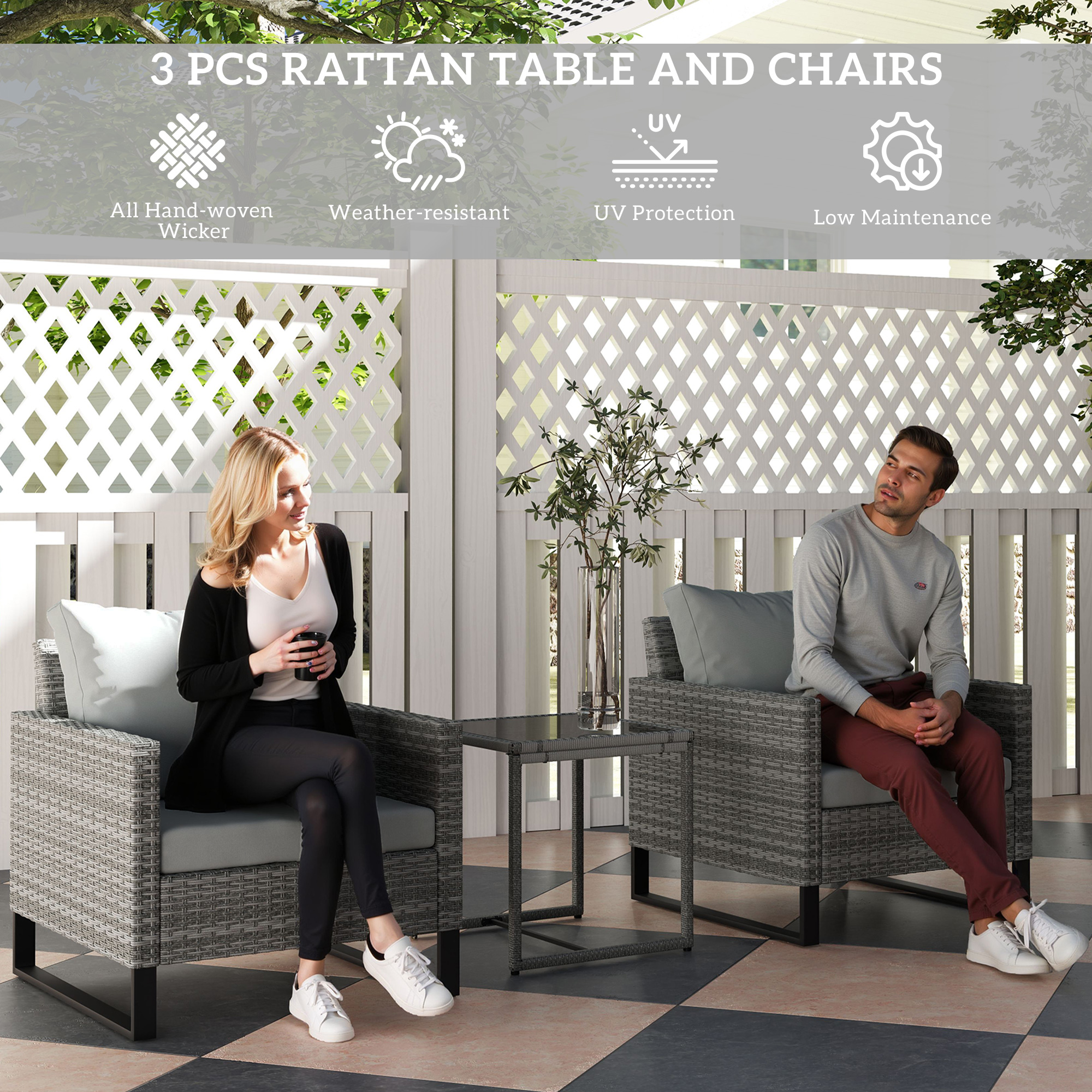 Outsunny 3 Pieces Rattan Bistro Set with 4 Cushions, Wicker Garden Furniture Set, Glass Top Coffee Table and Chairs for Outdoor Patio, Balcony, Terrace and Conservatory, Grey 4