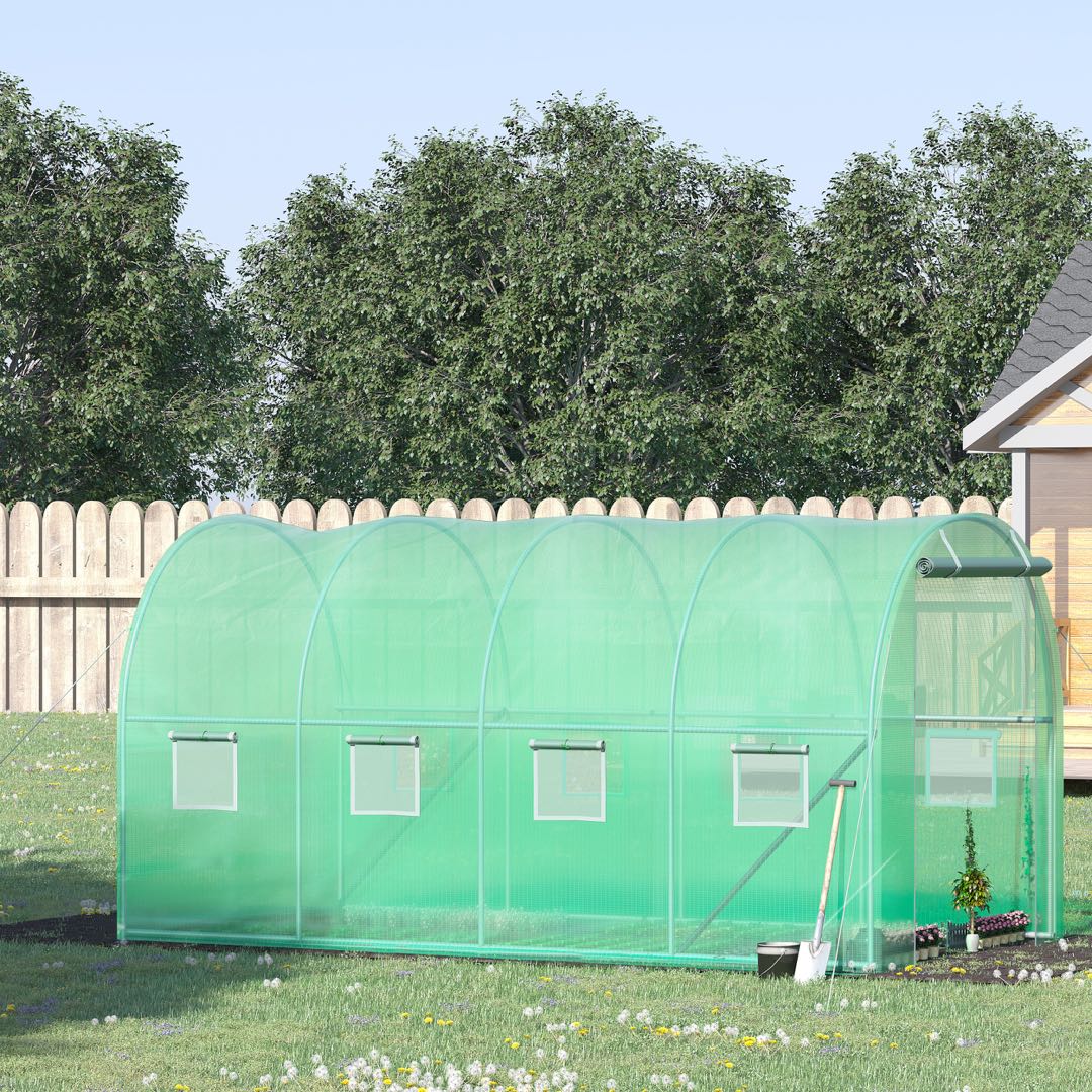 Outsunny Walk-in Polytunnel Greenhouse, Outdoor Garden Tunnel Greenhouse Tent with Zipped Roll-Up Door and 8 Mesh Windows, 4 x 2M 2
