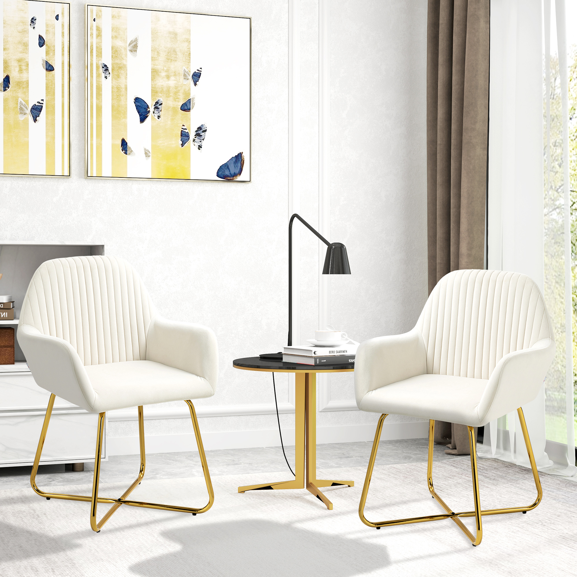 HOMCOM Modern Arm Chair Set of 2 Upholstered Accent Chair with Metal Base for Living Room Cream White 2