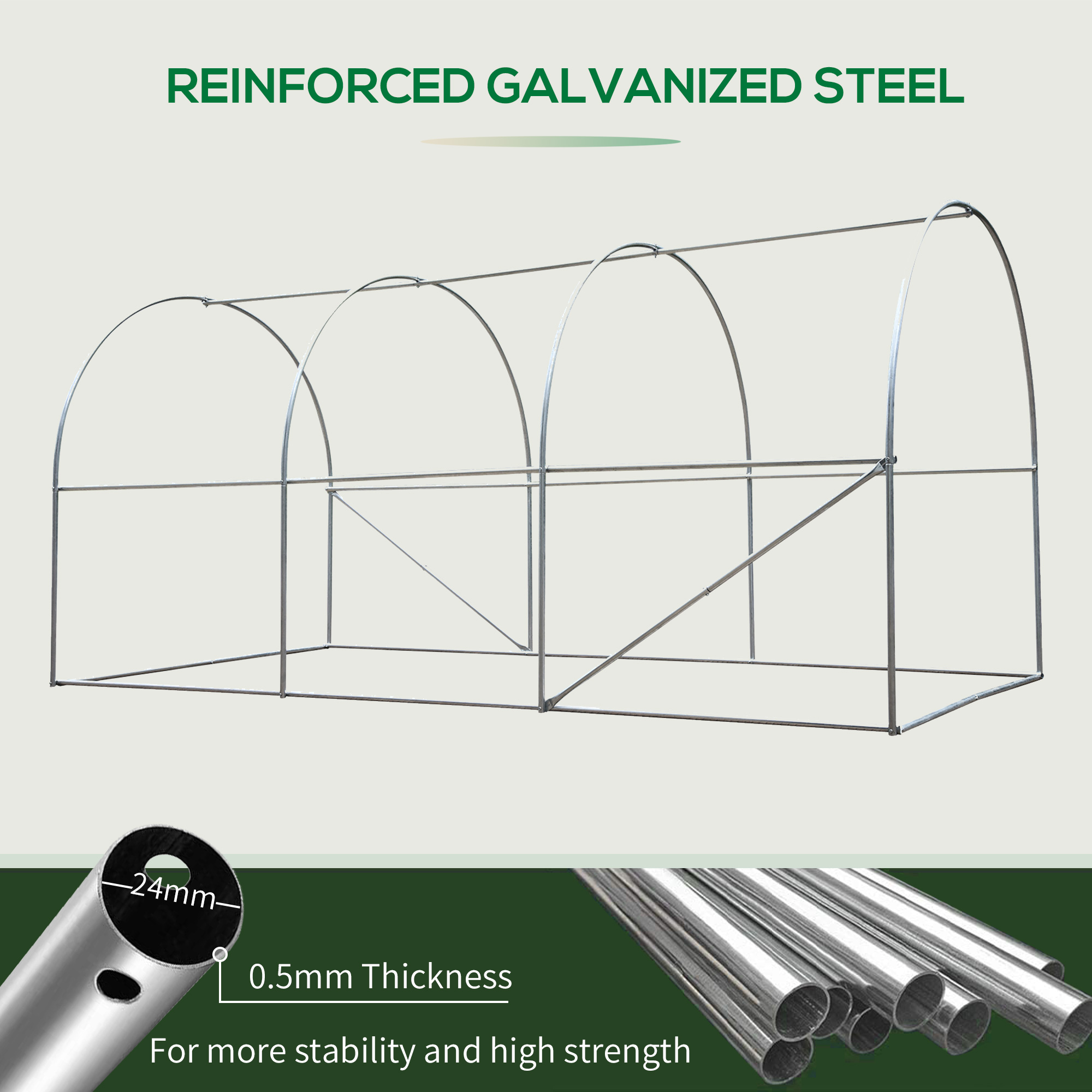 Outsunny 4 x 2 x 2 m Polytunnel Greenhouse with Roll-up Door and 6 Mesh Windows, Walk-in Garden Tunnel Warm House Tent with UV-resistant PE Cover and Galvanised Steel Frame, Green 8