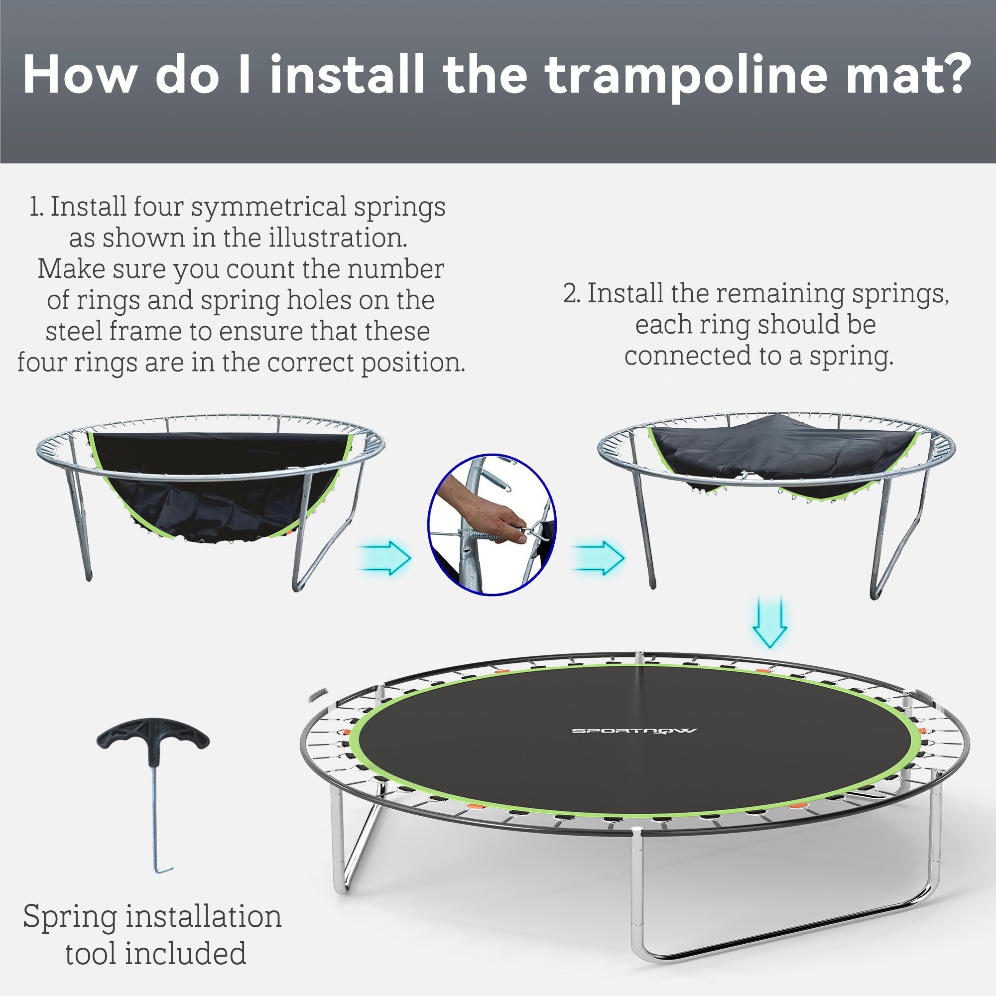 SPORTNOW Trampoline Replacement Mat with Spring Pull Tool, 54 V-Hooks, for 10ft Trampoline using 14cm Springs, Green 6