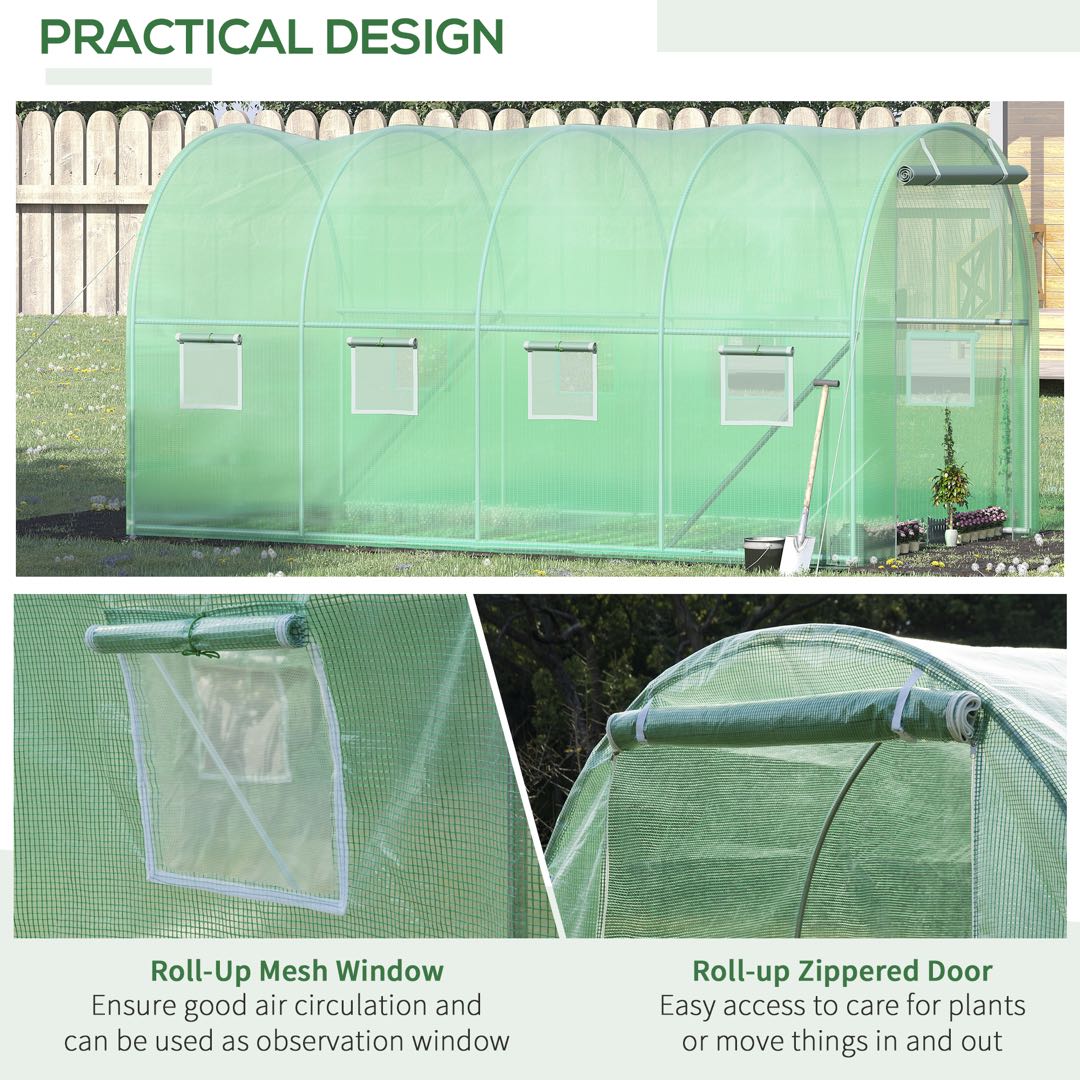 Outsunny Walk-in Polytunnel Greenhouse, Outdoor Garden Tunnel Greenhouse Tent with Zipped Roll-Up Door and 8 Mesh Windows, 4 x 2M 6