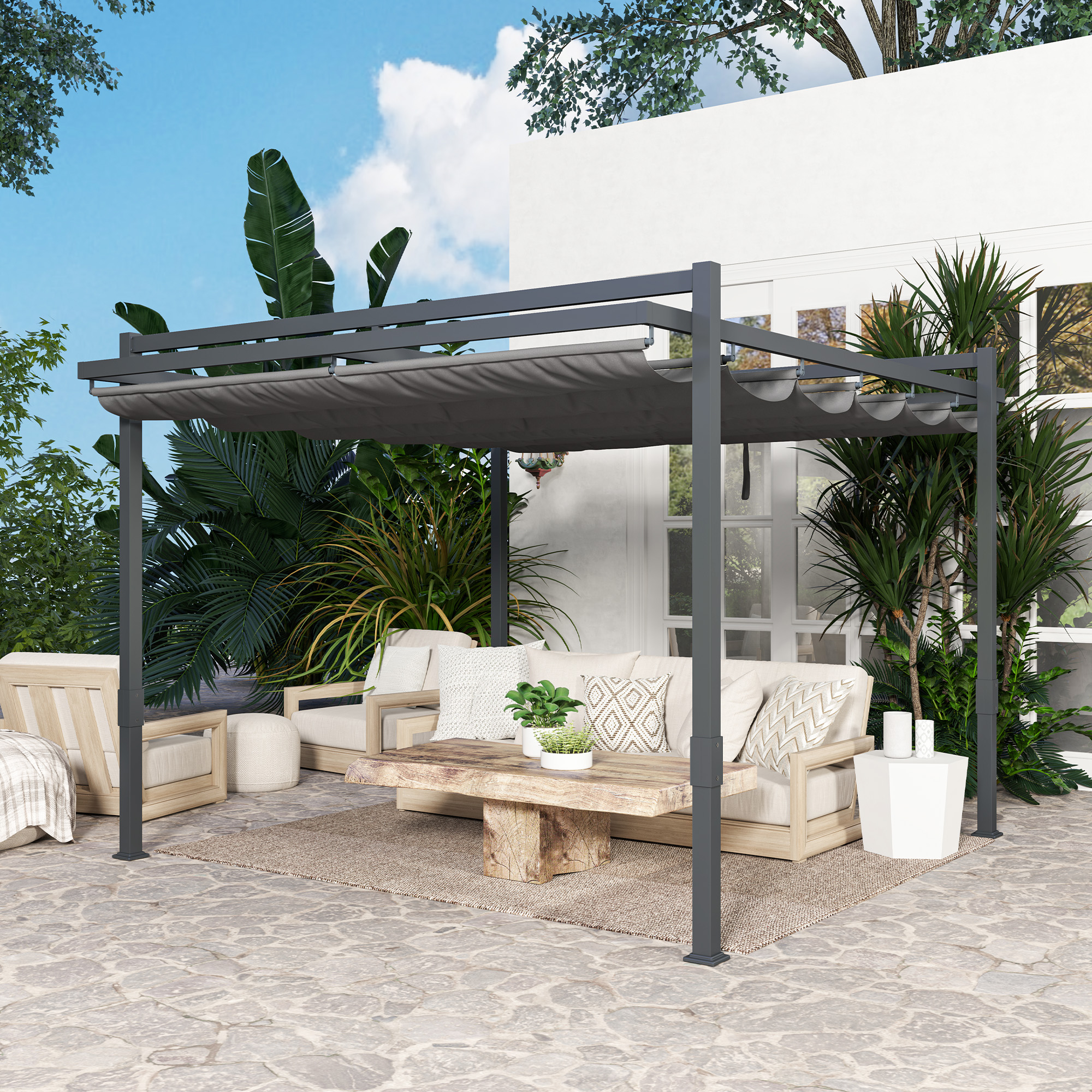 Outsunny Uitschuifbare Pergola 3,5x3 M – Donkergrijs, Stalen Frame Met PA-gecoate Doeken, Verstelbare Schaduw