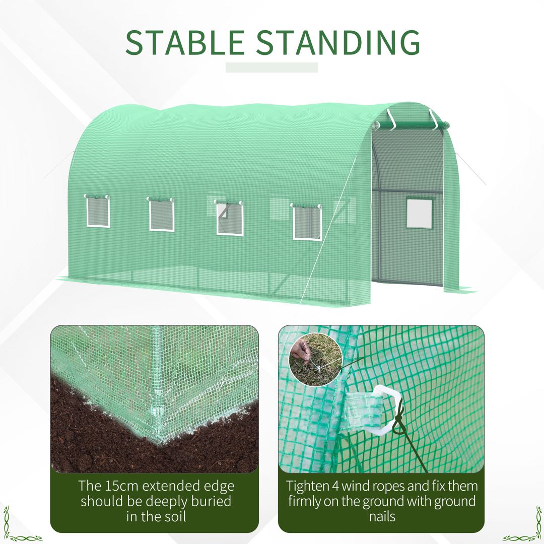 Outsunny Walk-in Polytunnel Greenhouse, Outdoor Garden Tunnel Greenhouse Tent with Zipped Roll-Up Door and 8 Mesh Windows, 4 x 2M 5