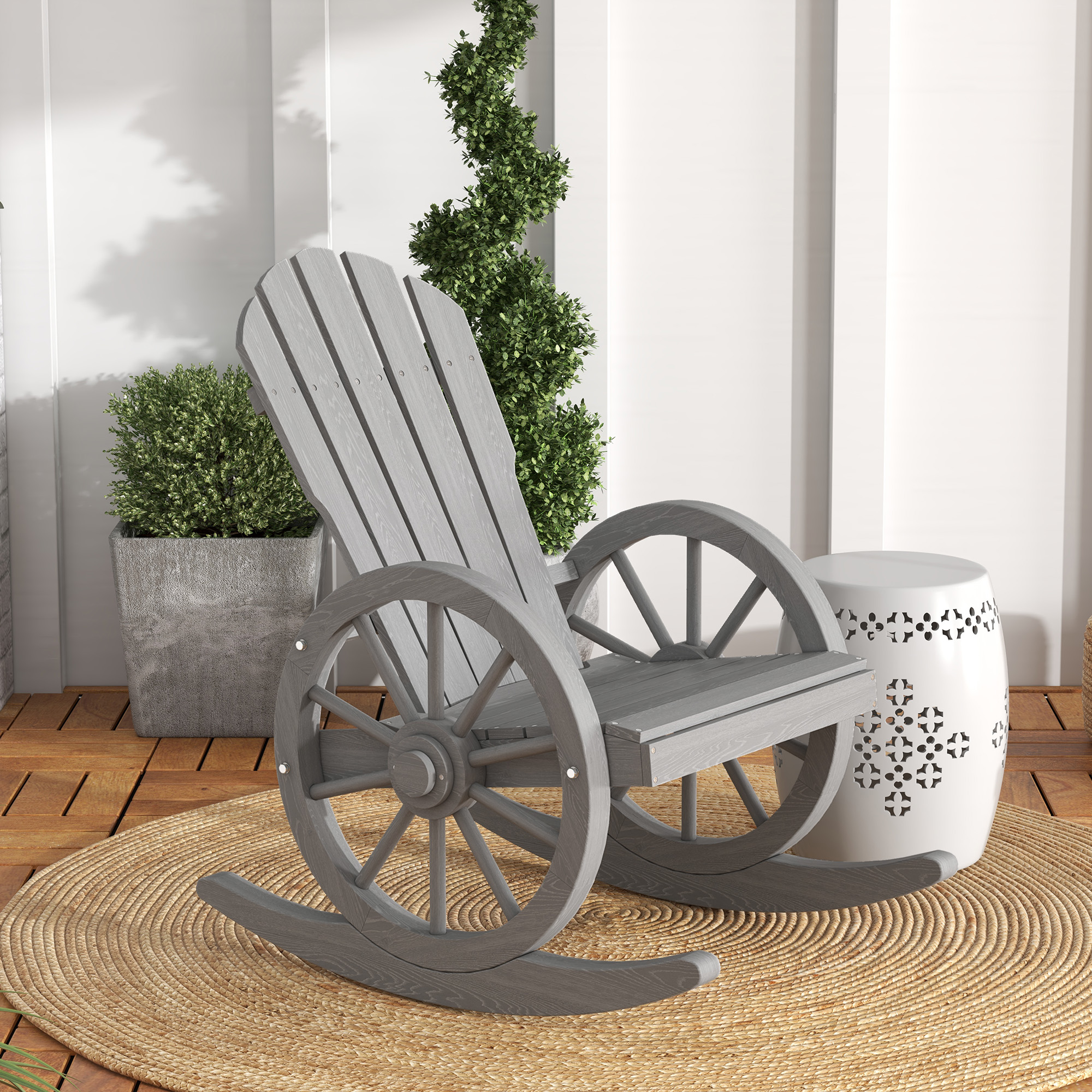 Outsunny Wooden Adirondack Rocking Chair Reclining Armchair Outdoor Garden Furniture Patio Porch Rocker Grey 2