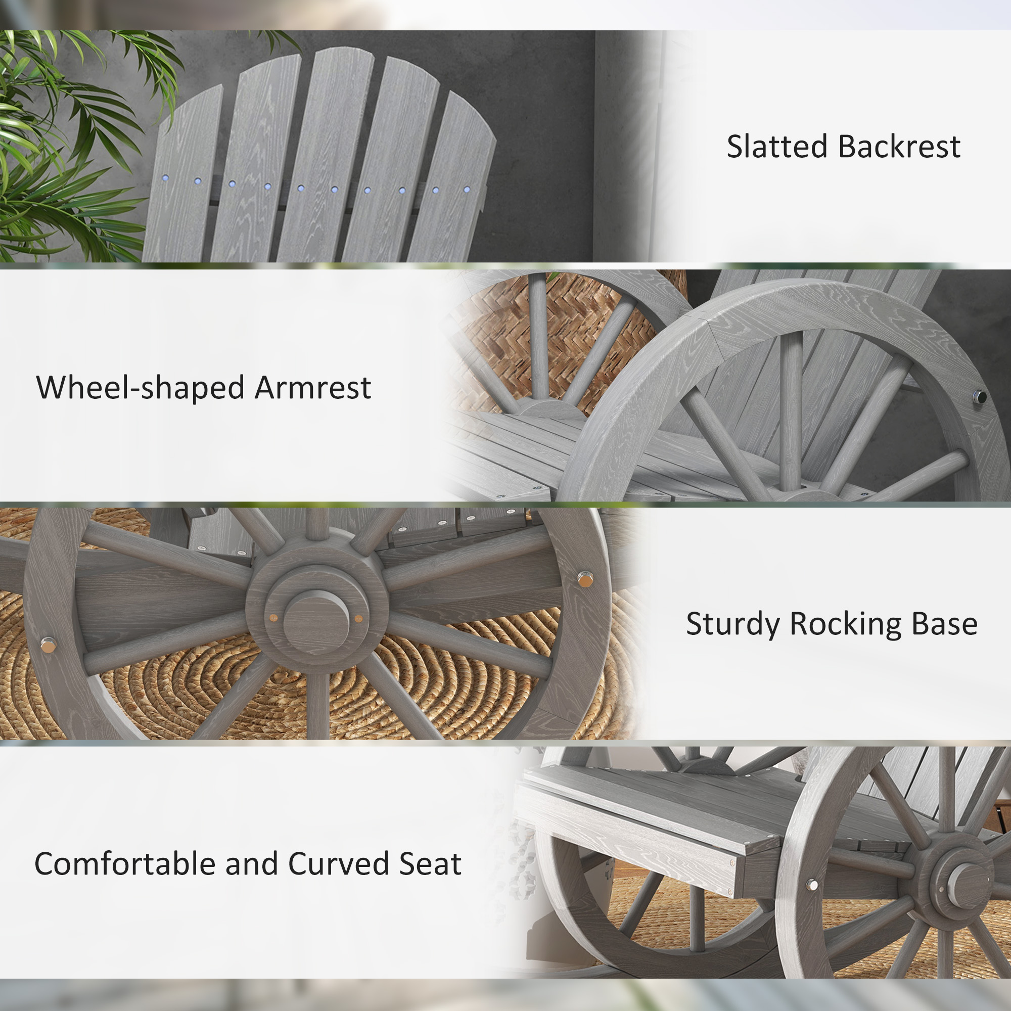Outsunny Wooden Adirondack Rocking Chair Reclining Armchair Outdoor Garden Furniture Patio Porch Rocker Grey 7