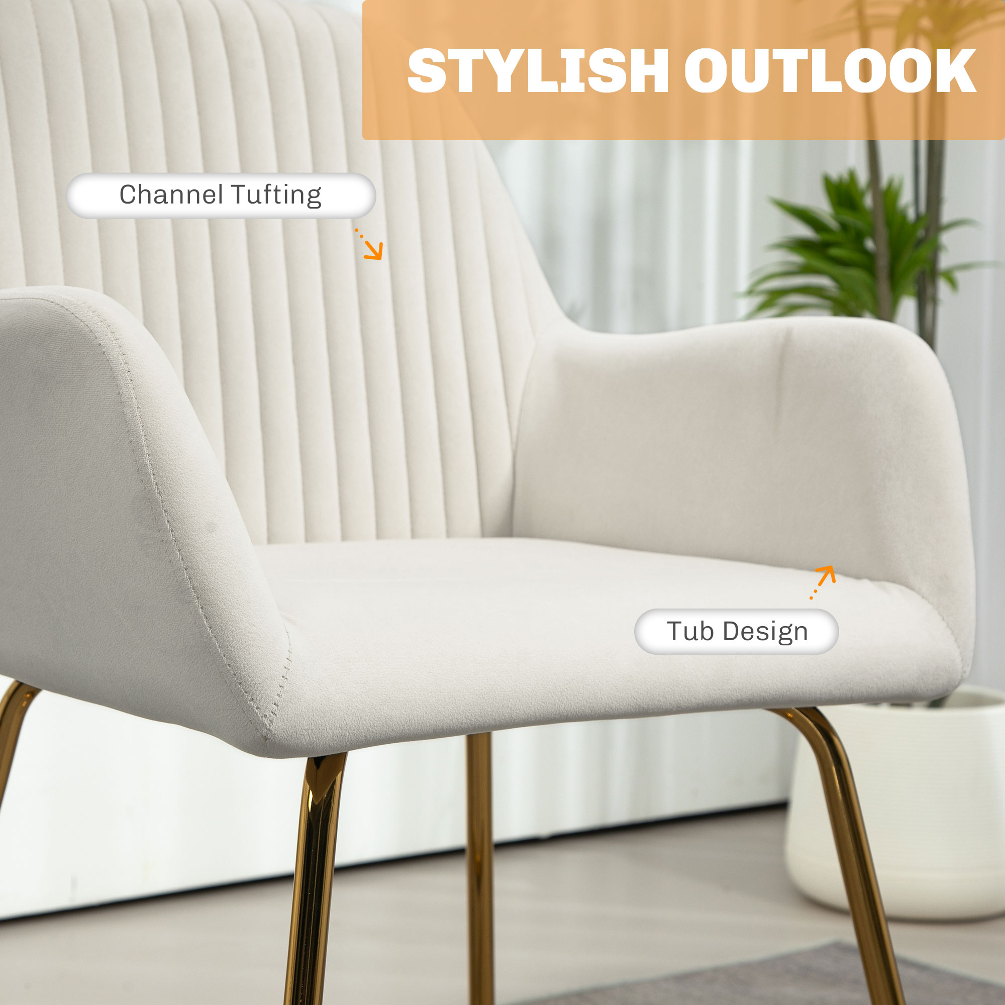 HOMCOM Modern Arm Chair Set of 2 Upholstered Accent Chair with Metal Base for Living Room Cream White 4