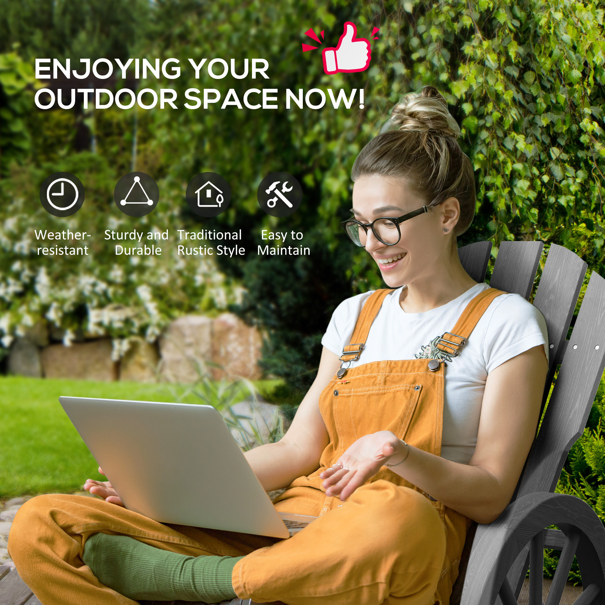 Outsunny Wooden Adirondack Rocking Chair Reclining Armchair Outdoor Garden Furniture Patio Porch Rocker Grey 5