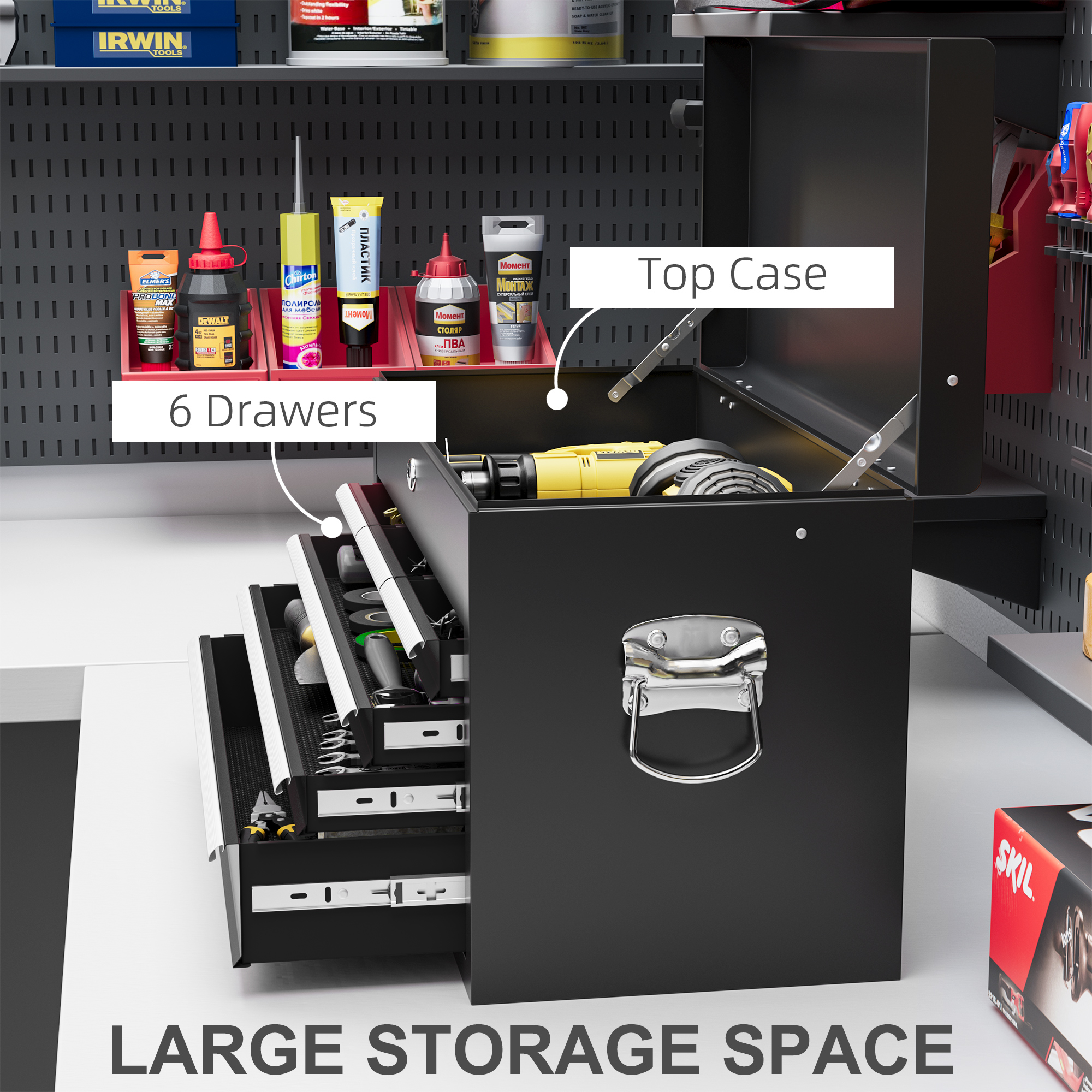 HOMCOM Steel Six Drawer Tool Storage Carry Chest, with Lock and Keys Black 4