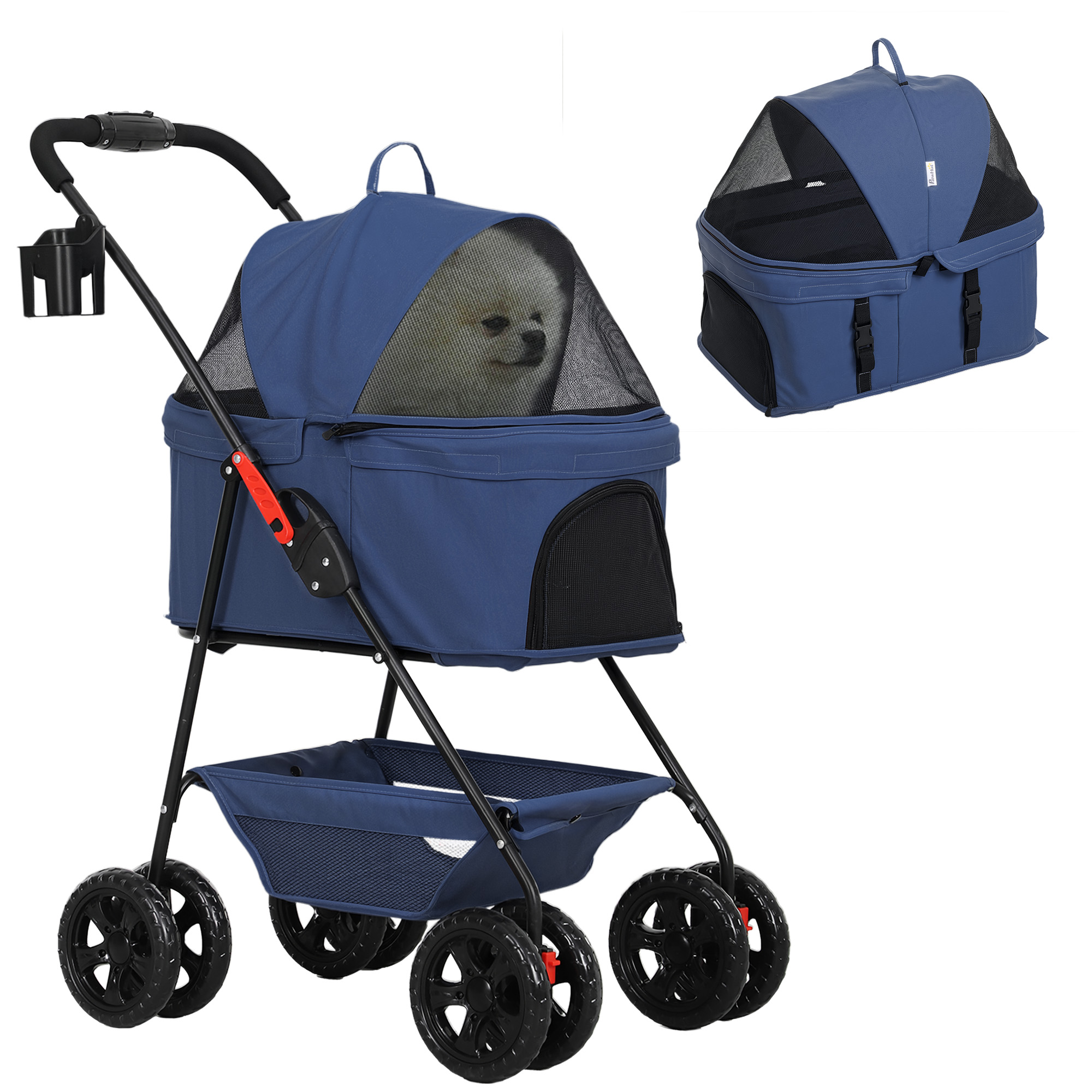 PawHut Carrito para Perros Plegable 3 en 1 con Cesta de Almacenaje Ventana de Malla y Sistema de Seguridad 76x50x102 cm Azul