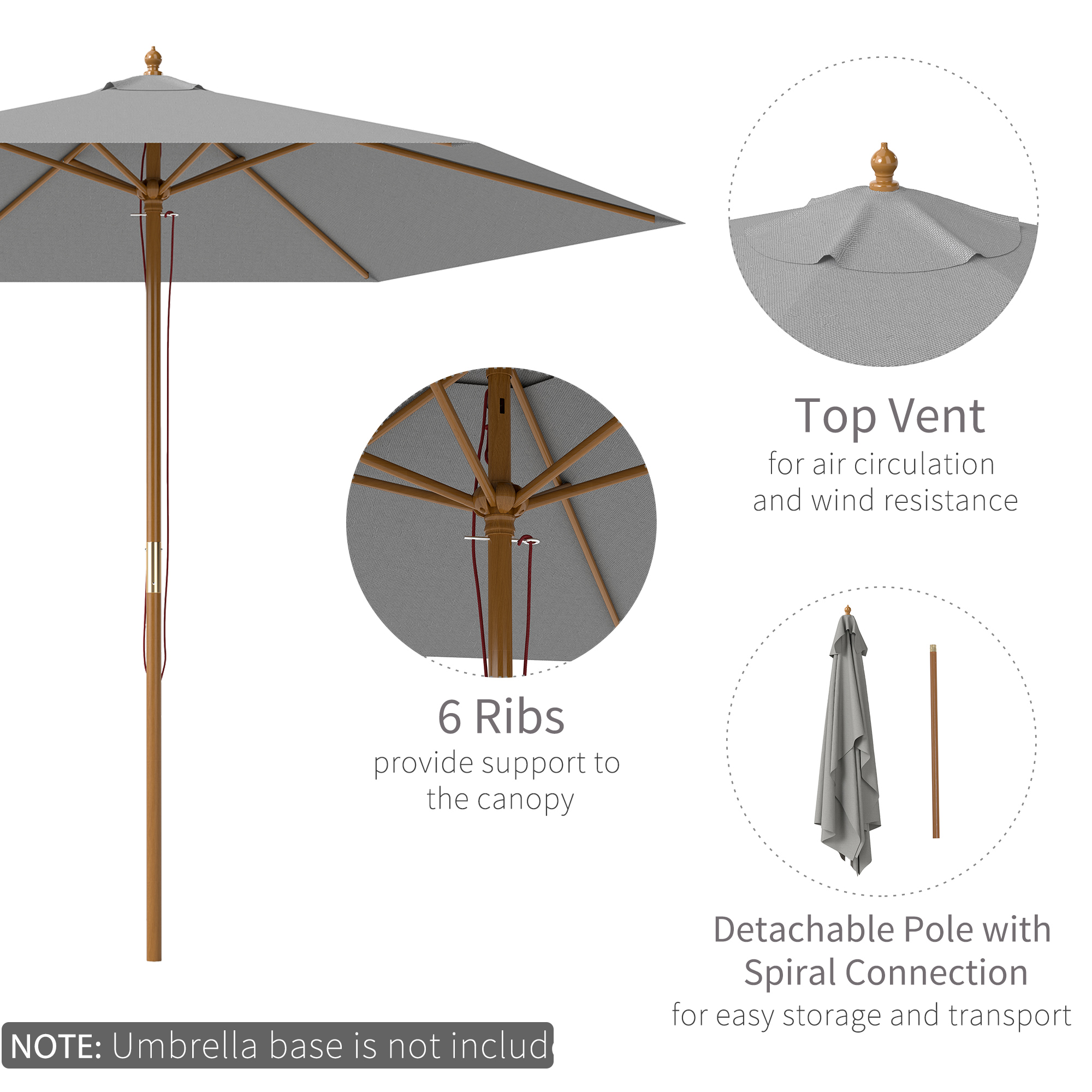 Outsunny 2.5m Wood Garden Parasol Sun Shade Patio Outdoor Wooden Umbrella Canopy, Table Market Umbrella with Vent, 38mm Pole, Rope Pulley Mechanism, Light Grey 4