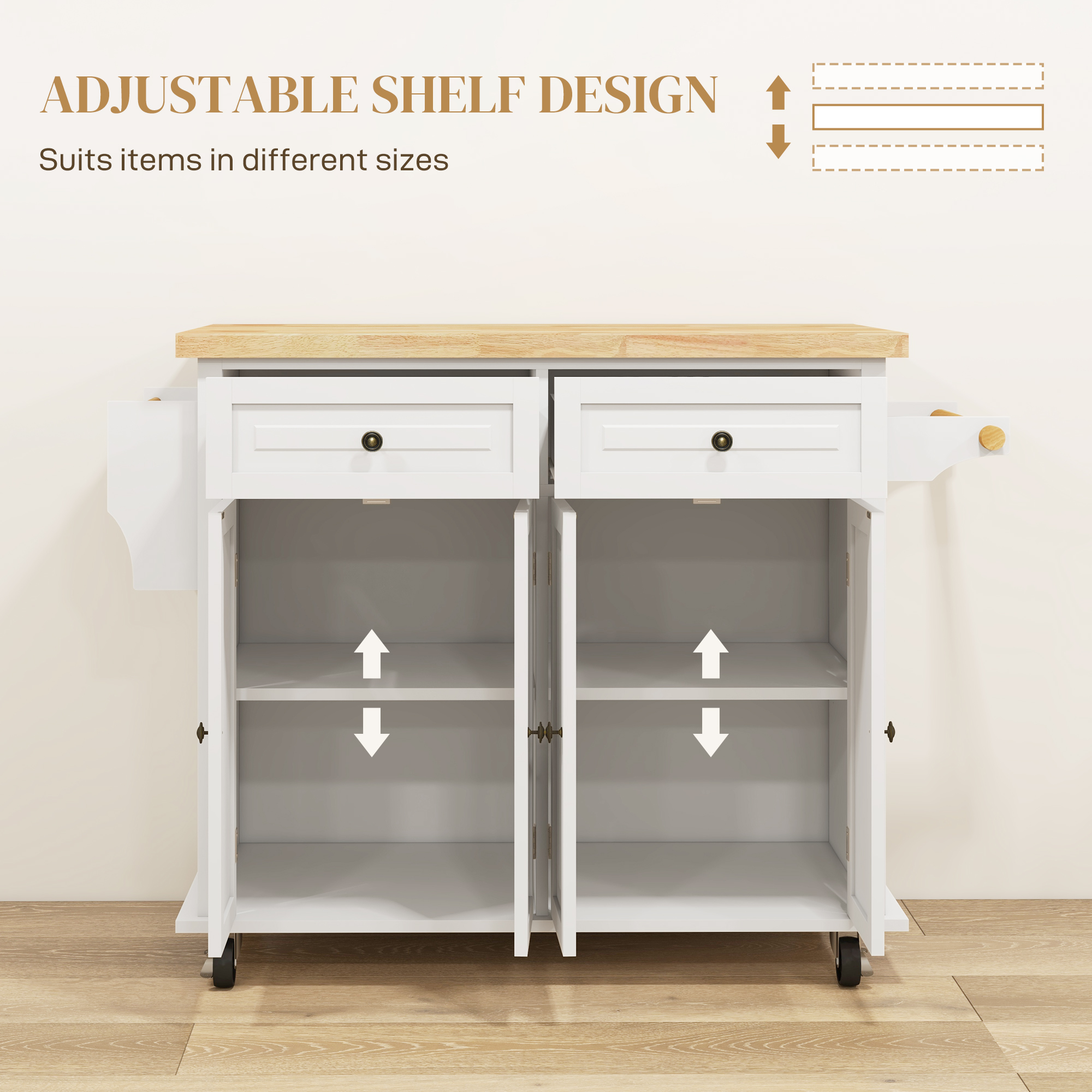 HOMCOM Rolling Kitchen Island Storage Trolley with Rubber Wood Top & Drawers for Dining Room, Cream White 5