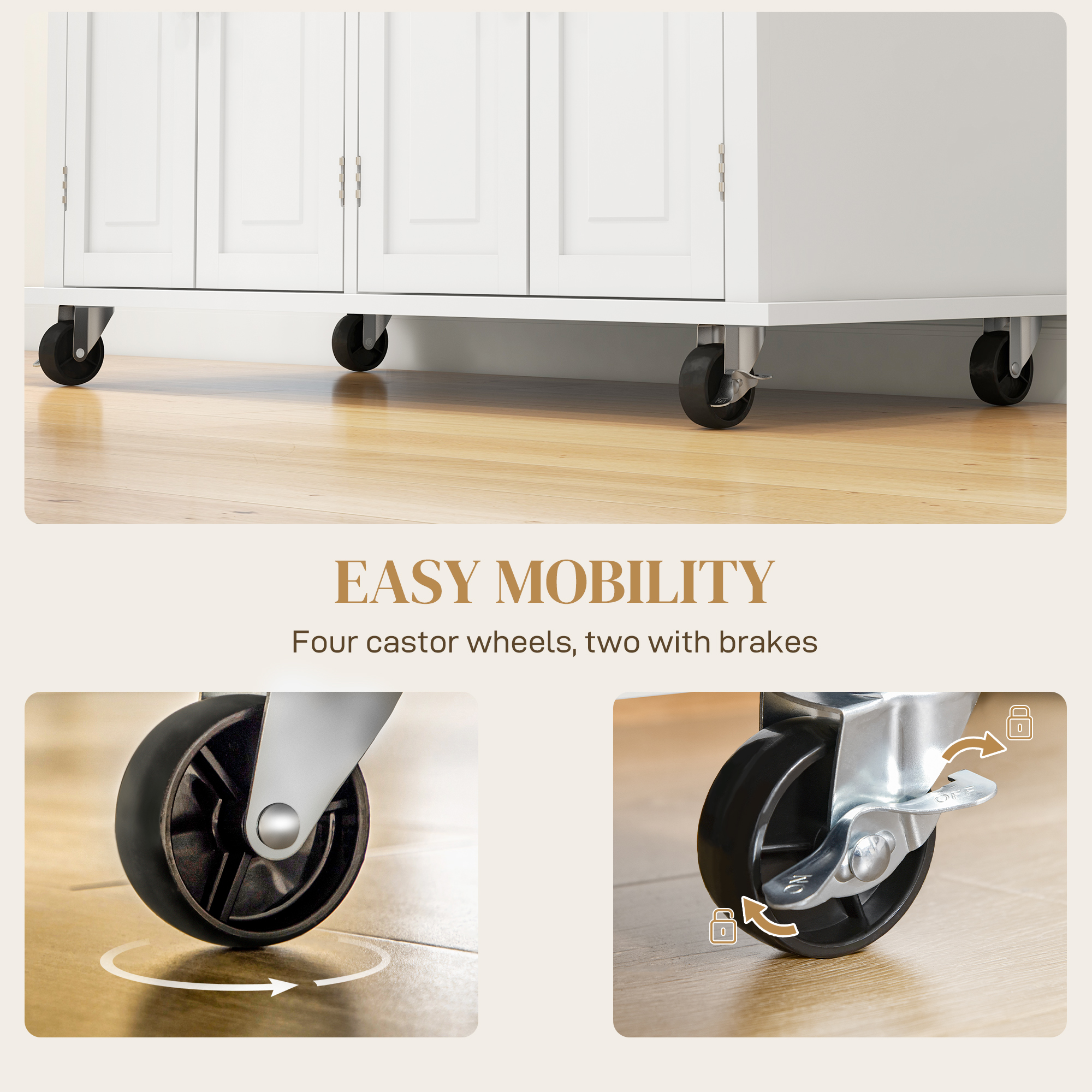 HOMCOM Rolling Kitchen Island Storage Trolley with Rubber Wood Top & Drawers for Dining Room, Cream White 7