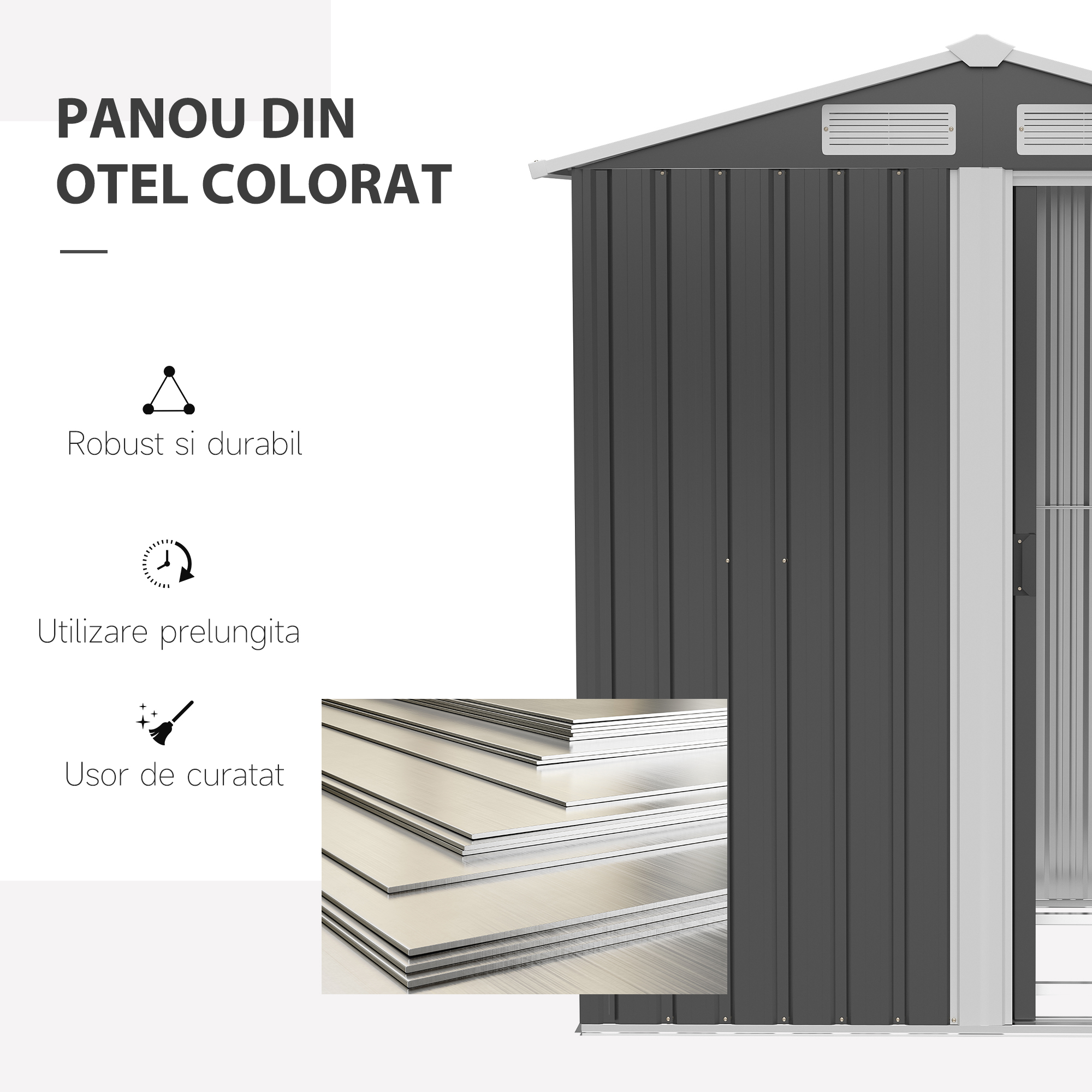  Magazie de Gradina Cutie Scule din Otel, Acoperis Inclinat si 4 Prize de Aer, 152x132x188cm [3]