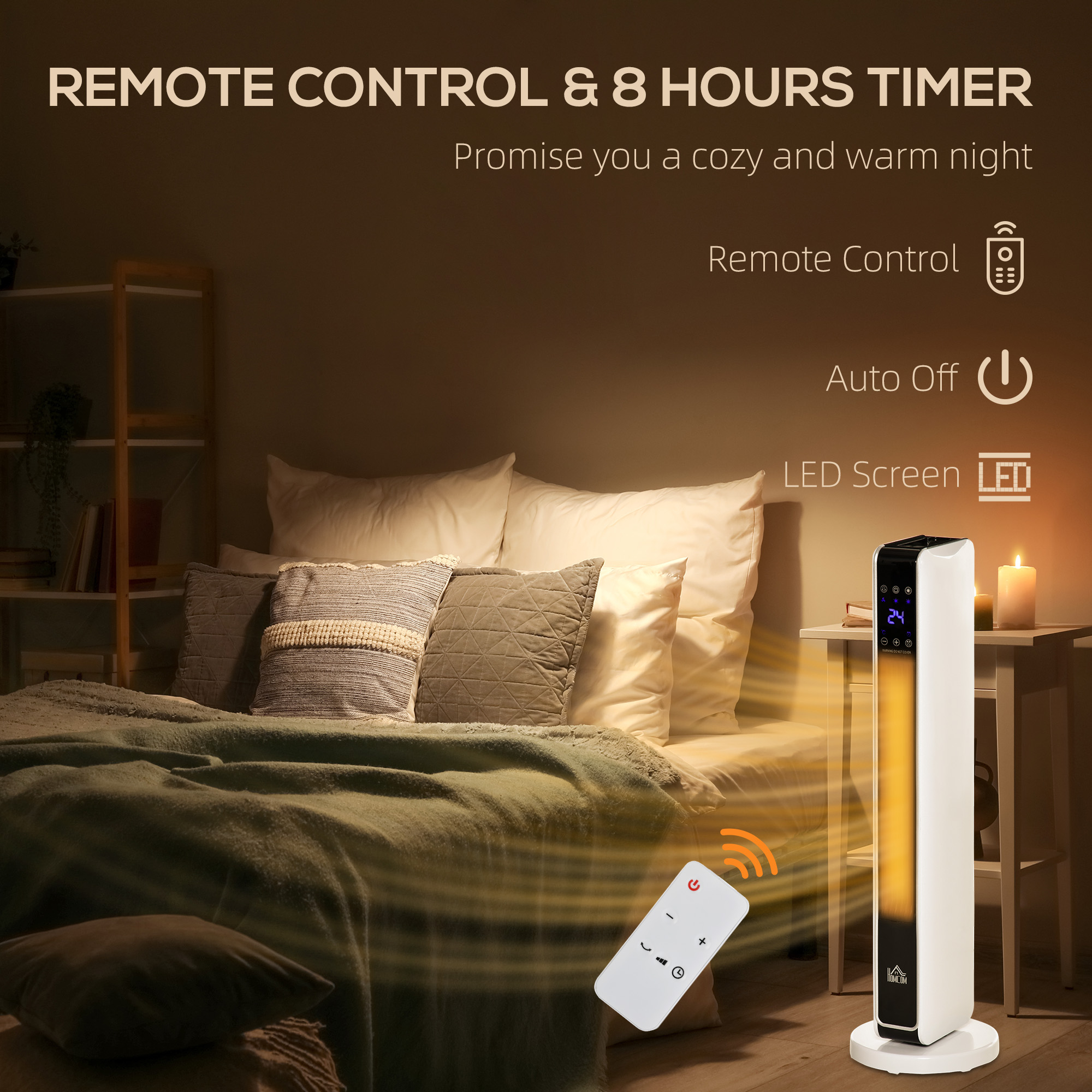 HOMCOM 1100W/2200W Space Heater with 65° Oscillation & 8-Hour Timer and Overheat & Tip Over Protection, Room Heater with 2 Heat and Fan for Bedroom, 29 inch 8