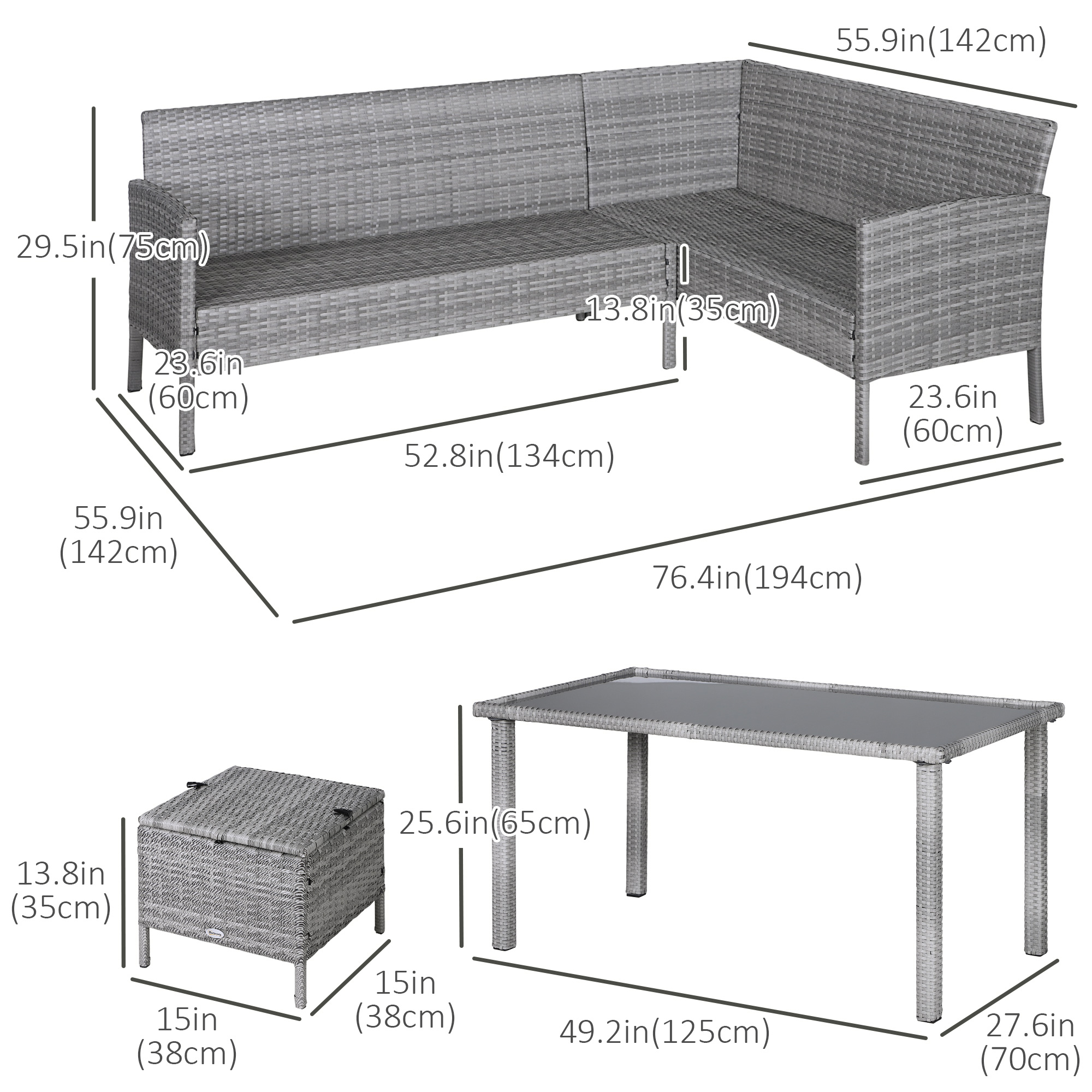 Outsunny 6-Seater Rattan Dining Set Sofa Table Footstool Outdoor w/ Cushion Garden Furniture 3
