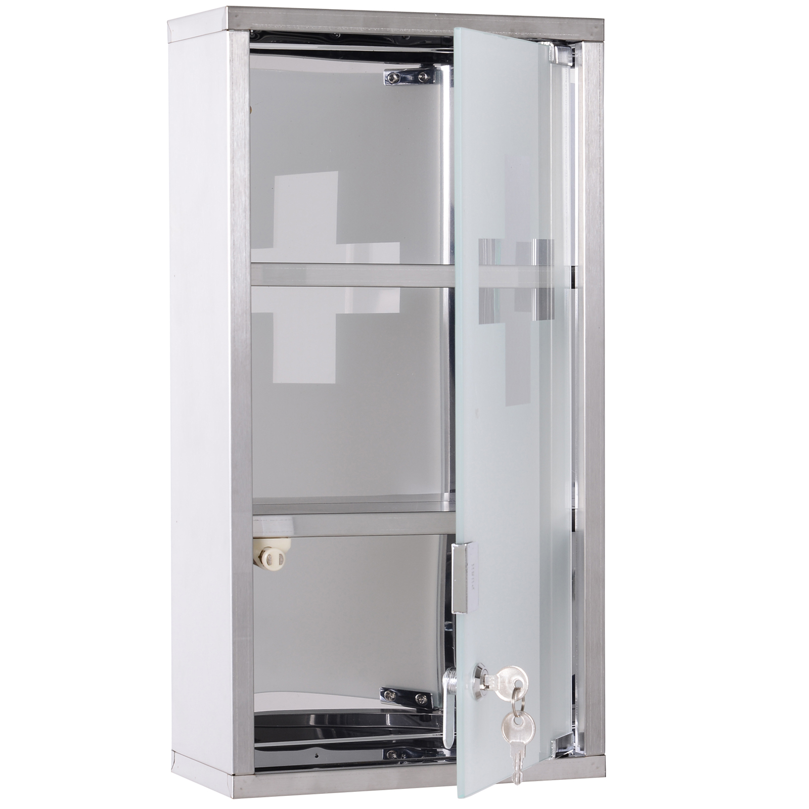 HOMCOM Armoire Murale Pharmacie 2 Étagères Verrouillable Inox avec Porte en Verre 25x12x48cm   Aosom France